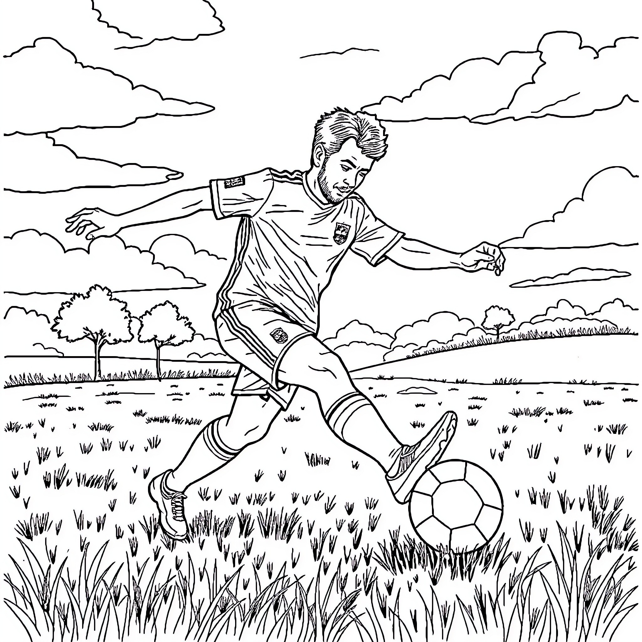 Frailejón Ernesto Pérez playing soccer in a grassy field Coloring Page (free black-and-white line drawing printable PDF for all, from beginners to advanced learners, including children, teens, adults, and seniors)