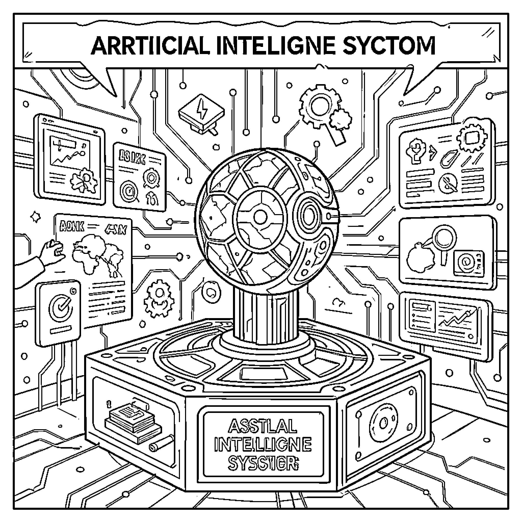 AI orb displaying complex digital data and interfaces Coloring Page (free black-and-white line drawing printable PDF for all, from beginners to advanced learners, including children, teens, adults, and seniors)