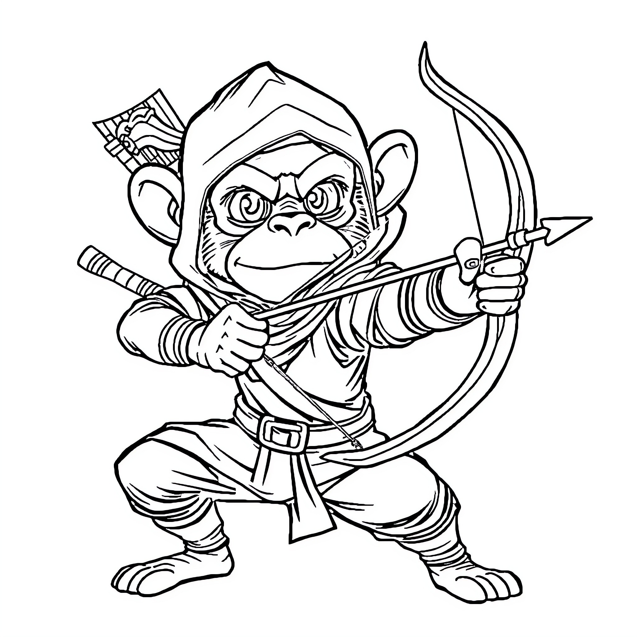 Monkey archer aiming bow and arrow Coloring Page (free black-and-white line drawing printable PDF for all, from beginners to advanced learners, including children, teens, adults, and seniors)