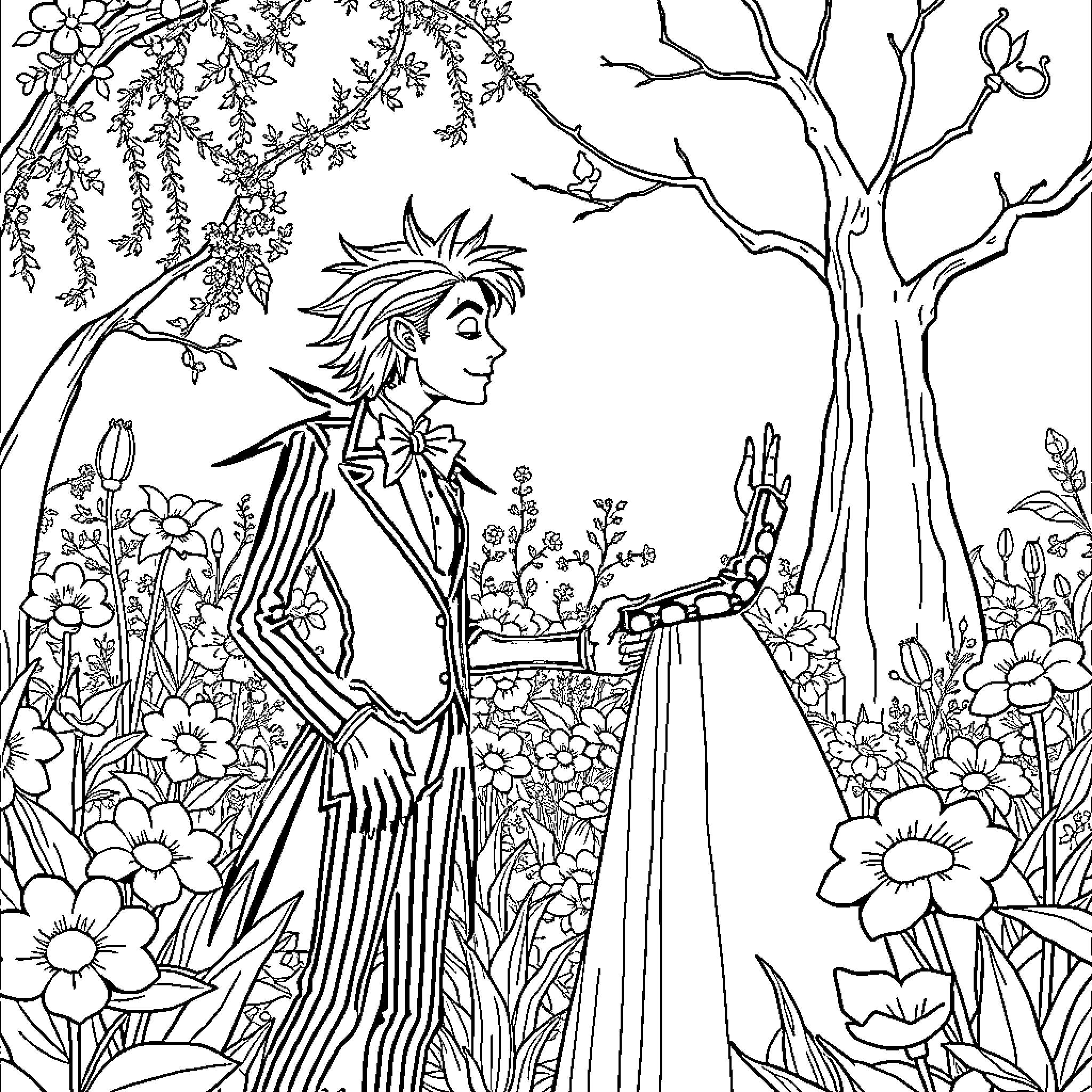Edward admiring the lush floral garden Coloring Page (free black-and-white line drawing printable PDF for all, from beginners to advanced learners, including children, teens, adults, and seniors)