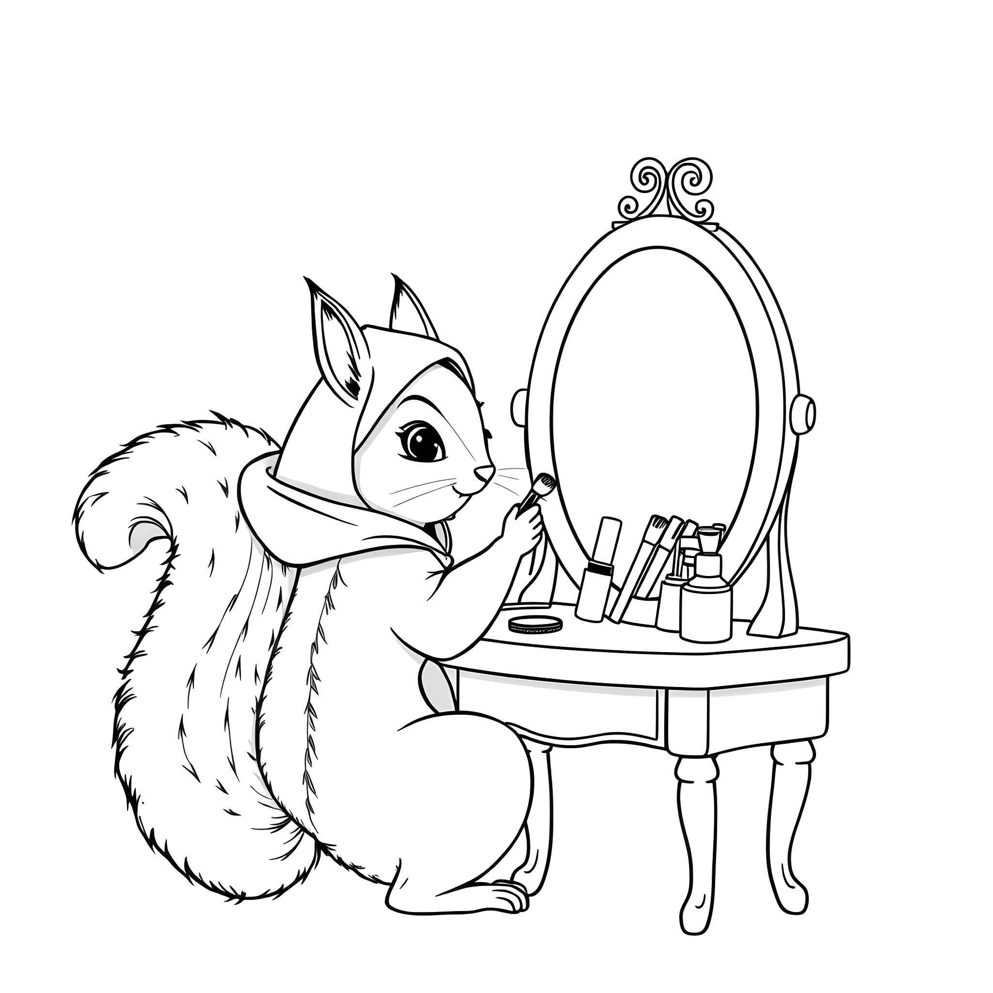 Squirrel Admiring Itself in the Mirror Coloring Page (free black-and-white line drawing printable PDF for all, from beginners to advanced learners, including children, teens, adults, and seniors)