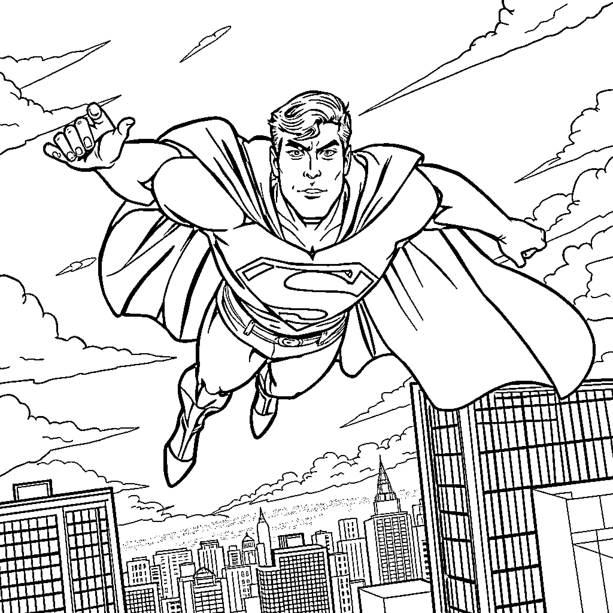 Superman soaring over the city skyline Coloring Page (free black-and-white line drawing printable PDF for all, from beginners to advanced learners, including children, teens, adults, and seniors)