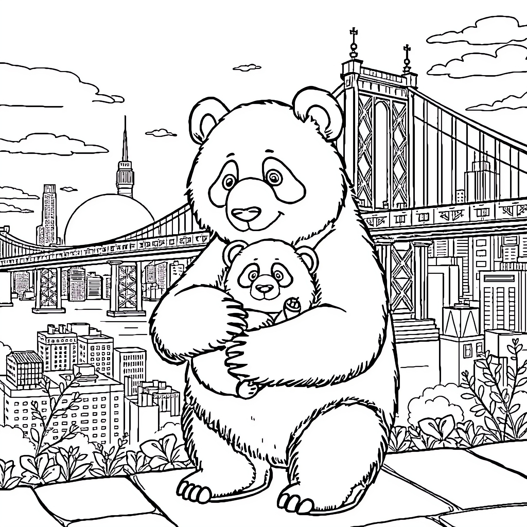 Panda family exploring the city skyline Coloring Page (free black-and-white line drawing printable PDF for all, from beginners to advanced learners, including children, teens, adults, and seniors)