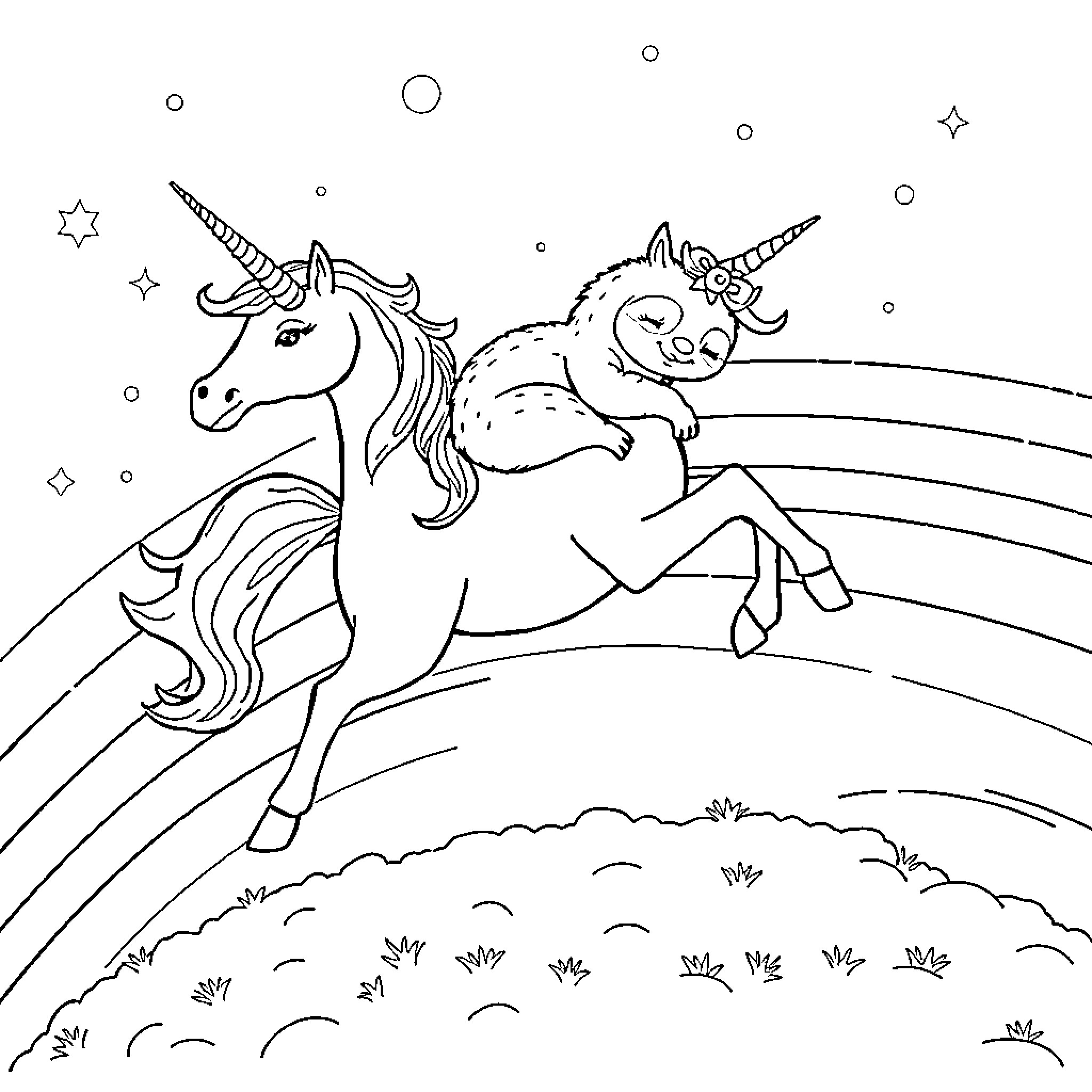 Unicorns running through a magical landscape Coloring Page (free black-and-white line drawing printable PDF for all, from beginners to advanced learners, including children, teens, adults, and seniors)