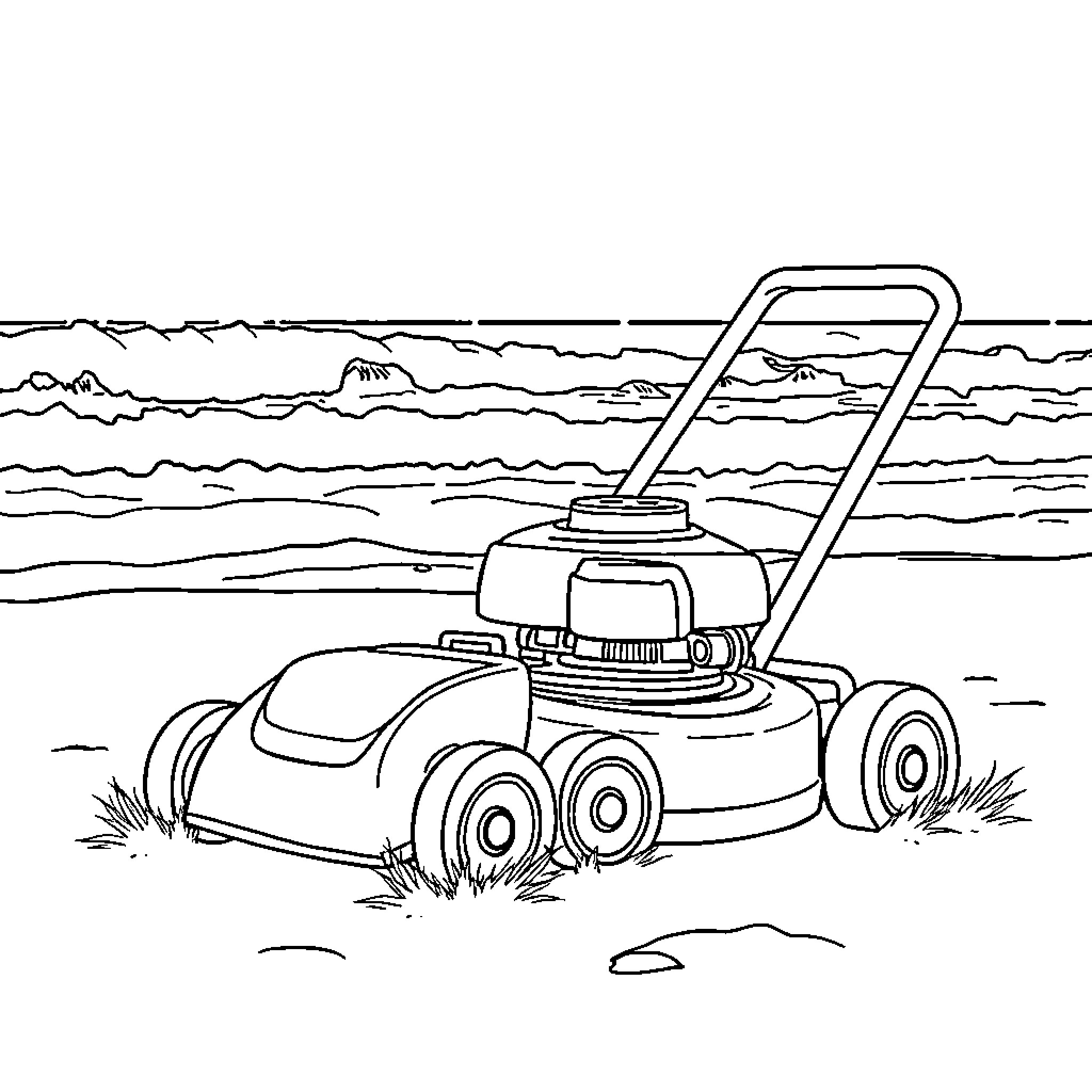 Lawn Mower Cutting Grass in a Scenic Landscape Coloring Page (free black-and-white line drawing printable PDF for all, from beginners to advanced learners, including children, teens, adults, and seniors)
