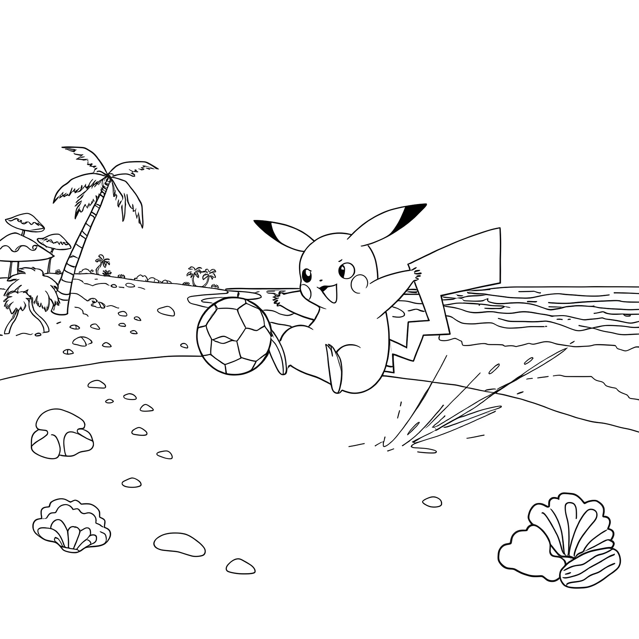 Pikachu playing with a soccer ball on the beach Coloring Page (free black-and-white line drawing printable PDF for all, from beginners to advanced learners, including children, teens, adults, and seniors)