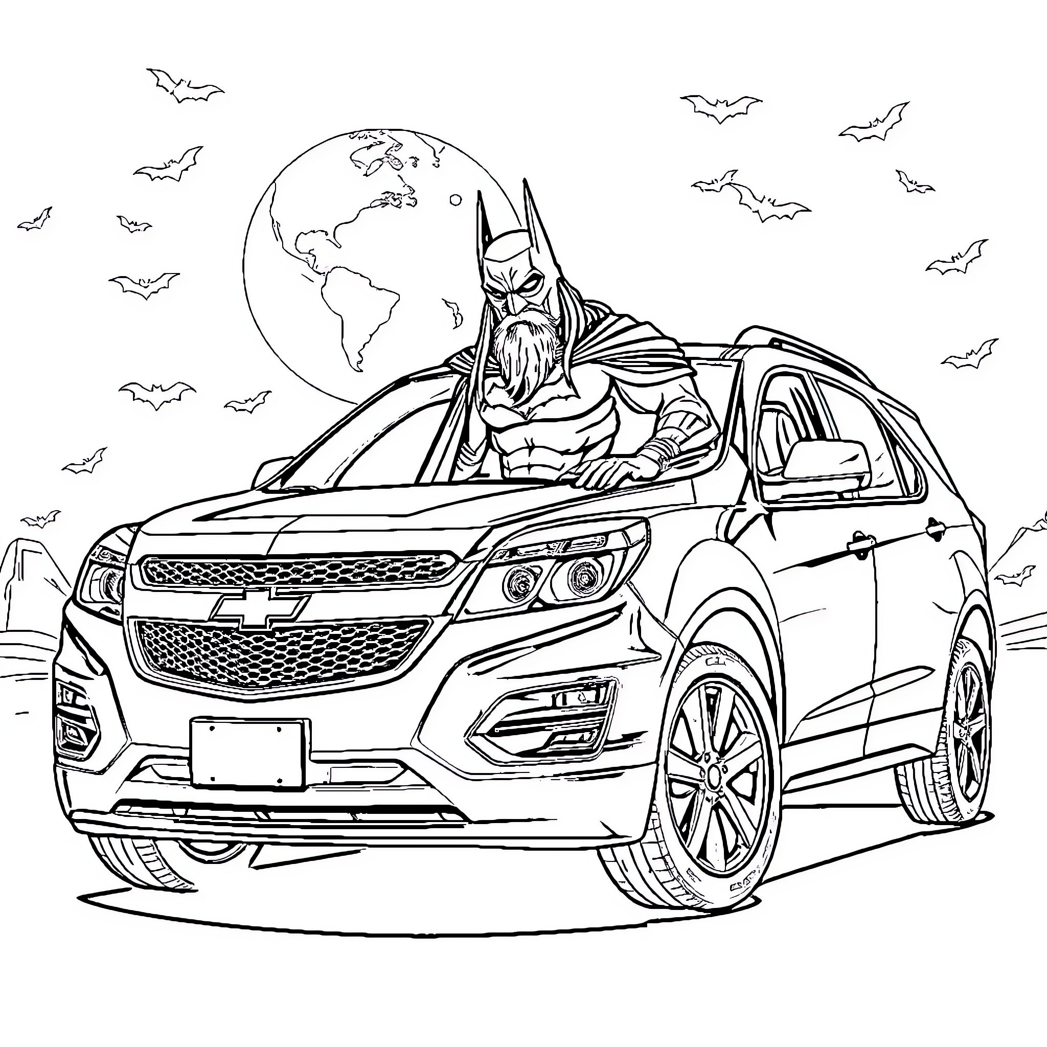 Batman riding a high-tech Chevy SUV in the night sky Coloring Page (free black-and-white line drawing printable PDF for all, from beginners to advanced learners, including children, teens, adults, and seniors)