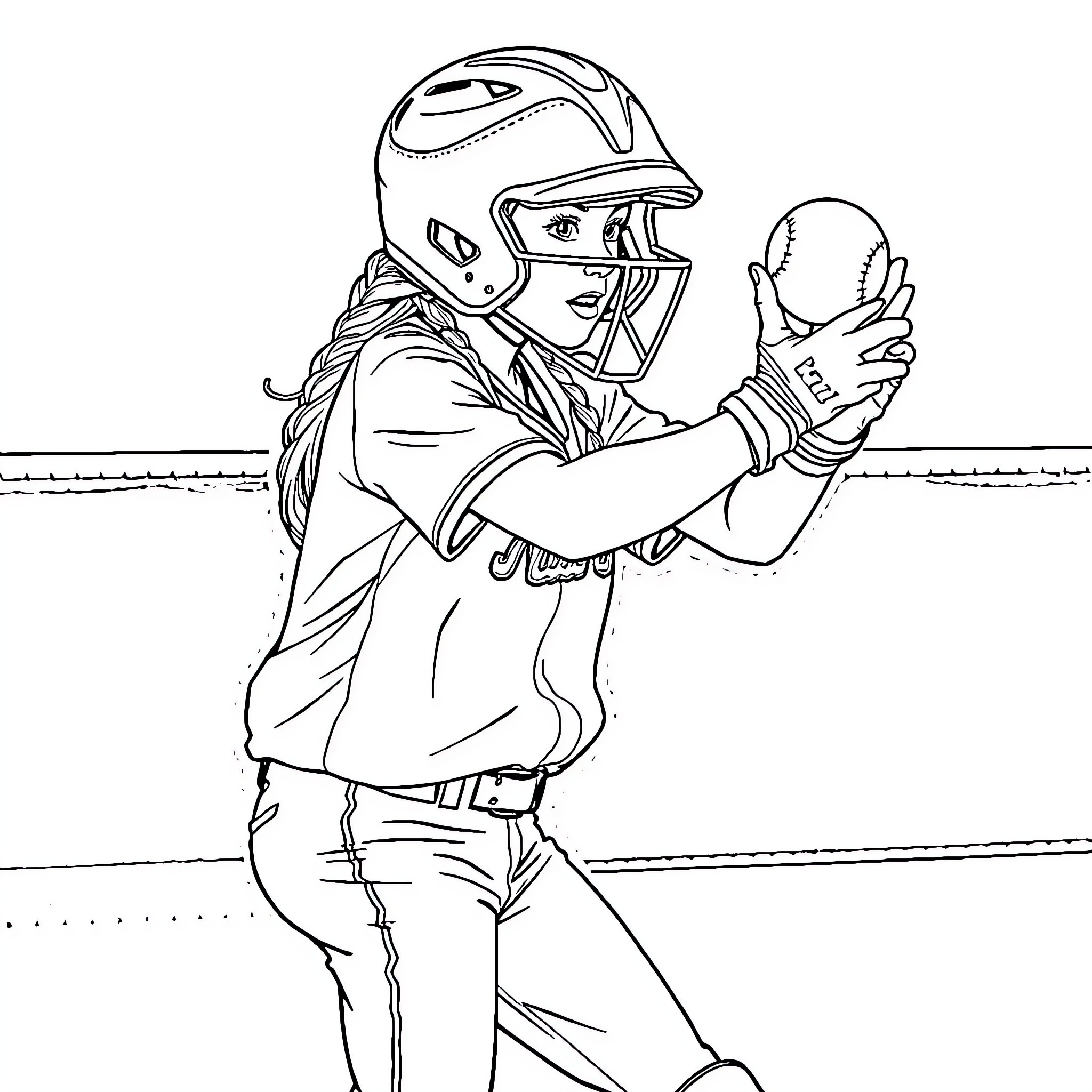 Girl preparing to pitch softball on field Coloring Page (free black-and-white line drawing printable PDF for all, from beginners to advanced learners, including children, teens, adults, and seniors)