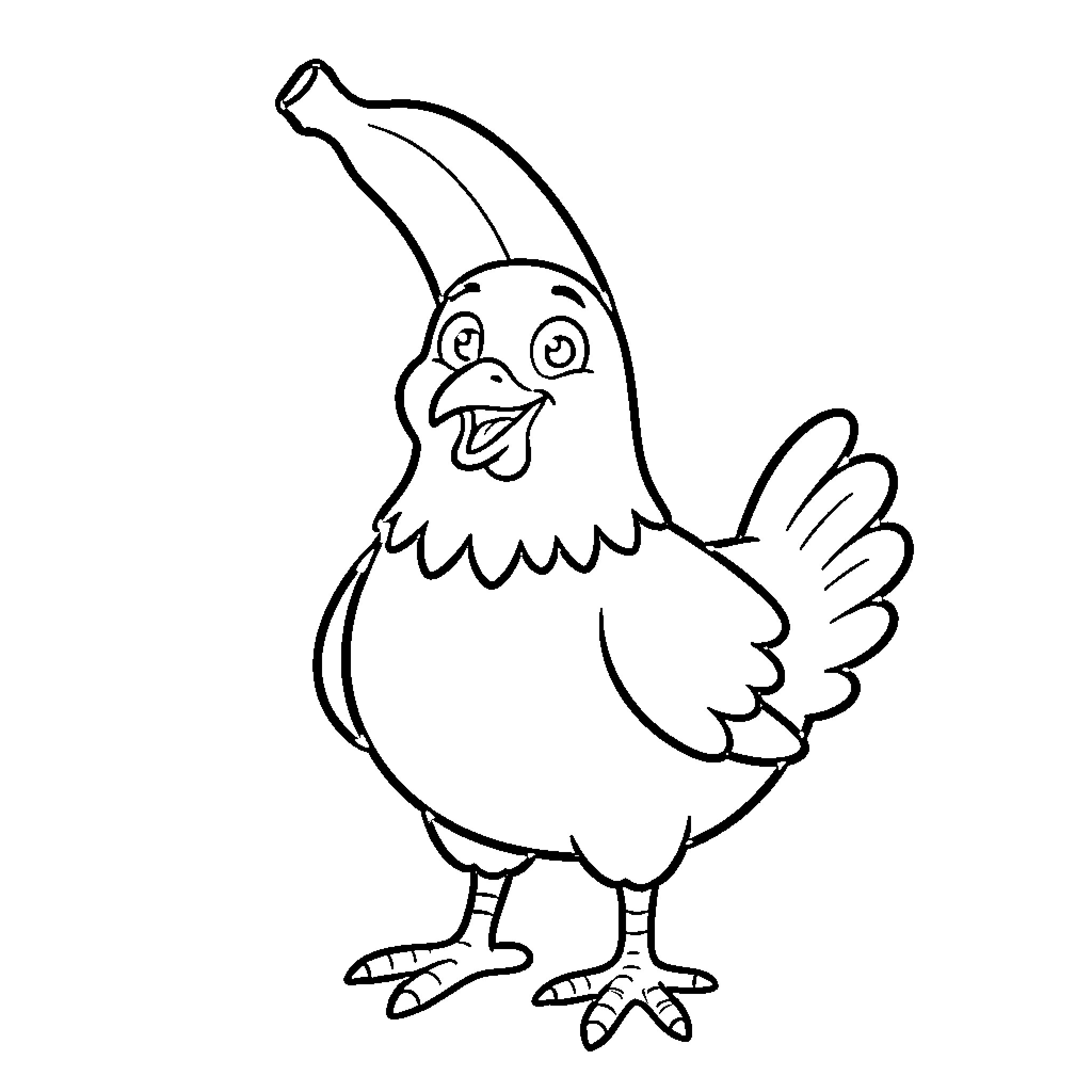 Chicken wearing a banana on its head Coloring Page (free black-and-white line drawing printable PDF for all, from beginners to advanced learners, including children, teens, adults, and seniors)