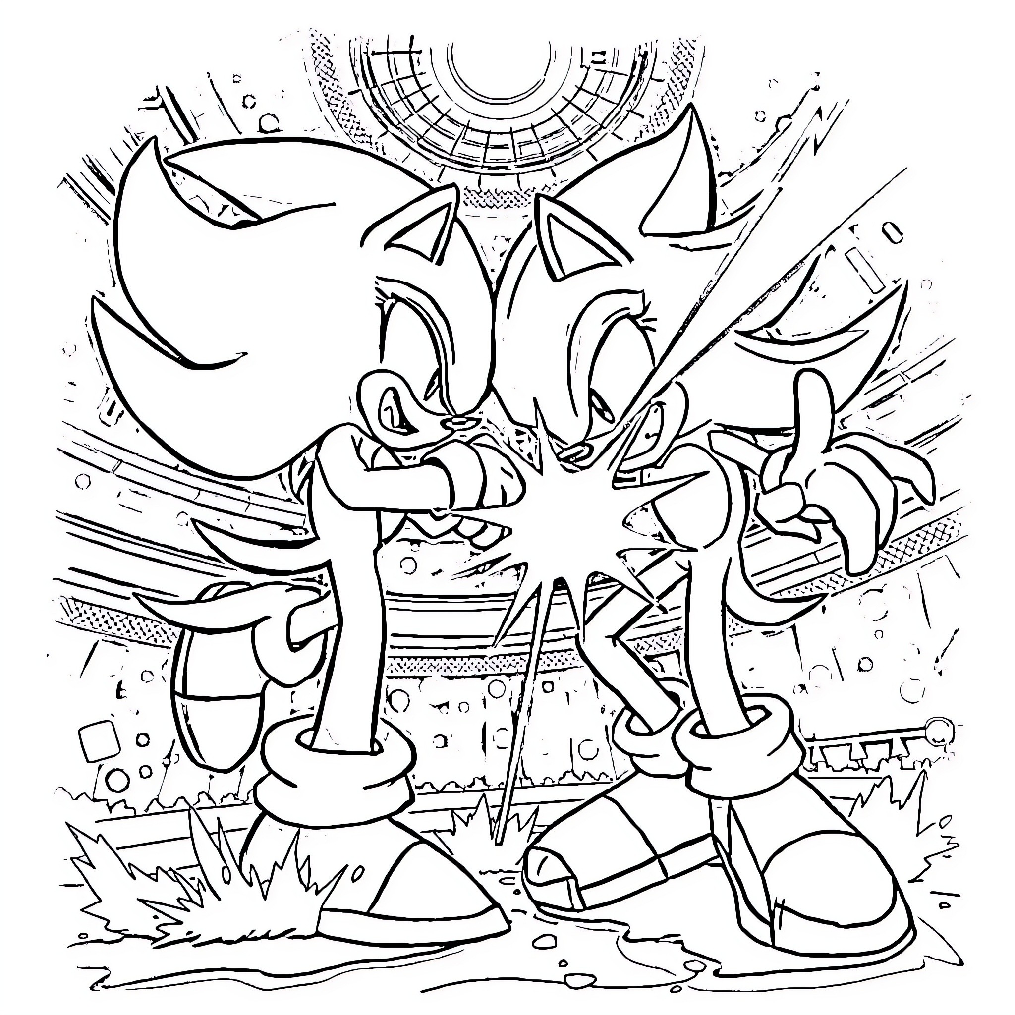 Sonic characters in dynamic poses and action Coloring Page (free black-and-white line drawing printable PDF for all, from beginners to advanced learners, including children, teens, adults, and seniors)