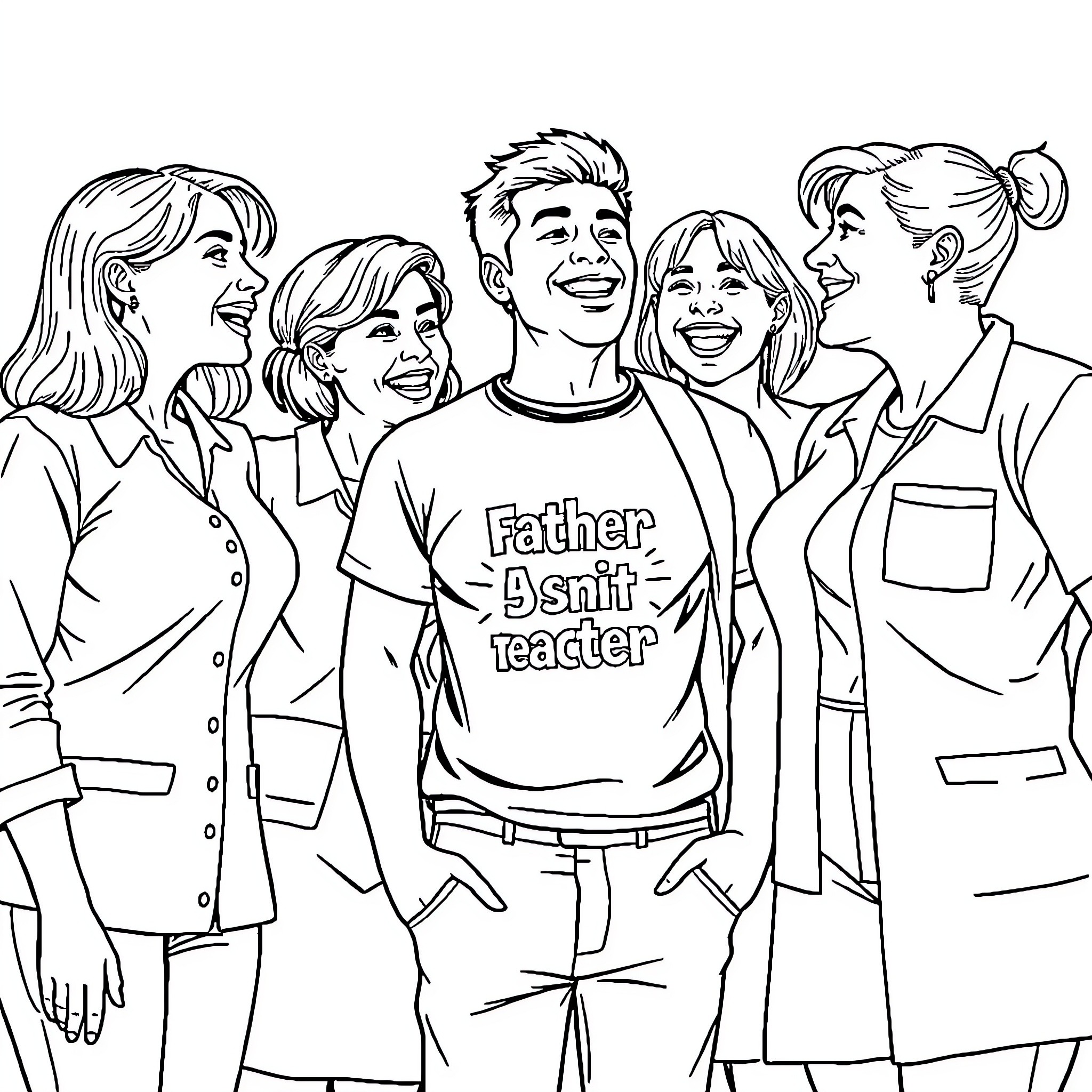 Teacher Surrounded by Smiling Students Coloring Page (free black-and-white line drawing printable PDF for all, from beginners to advanced learners, including children, teens, adults, and seniors)