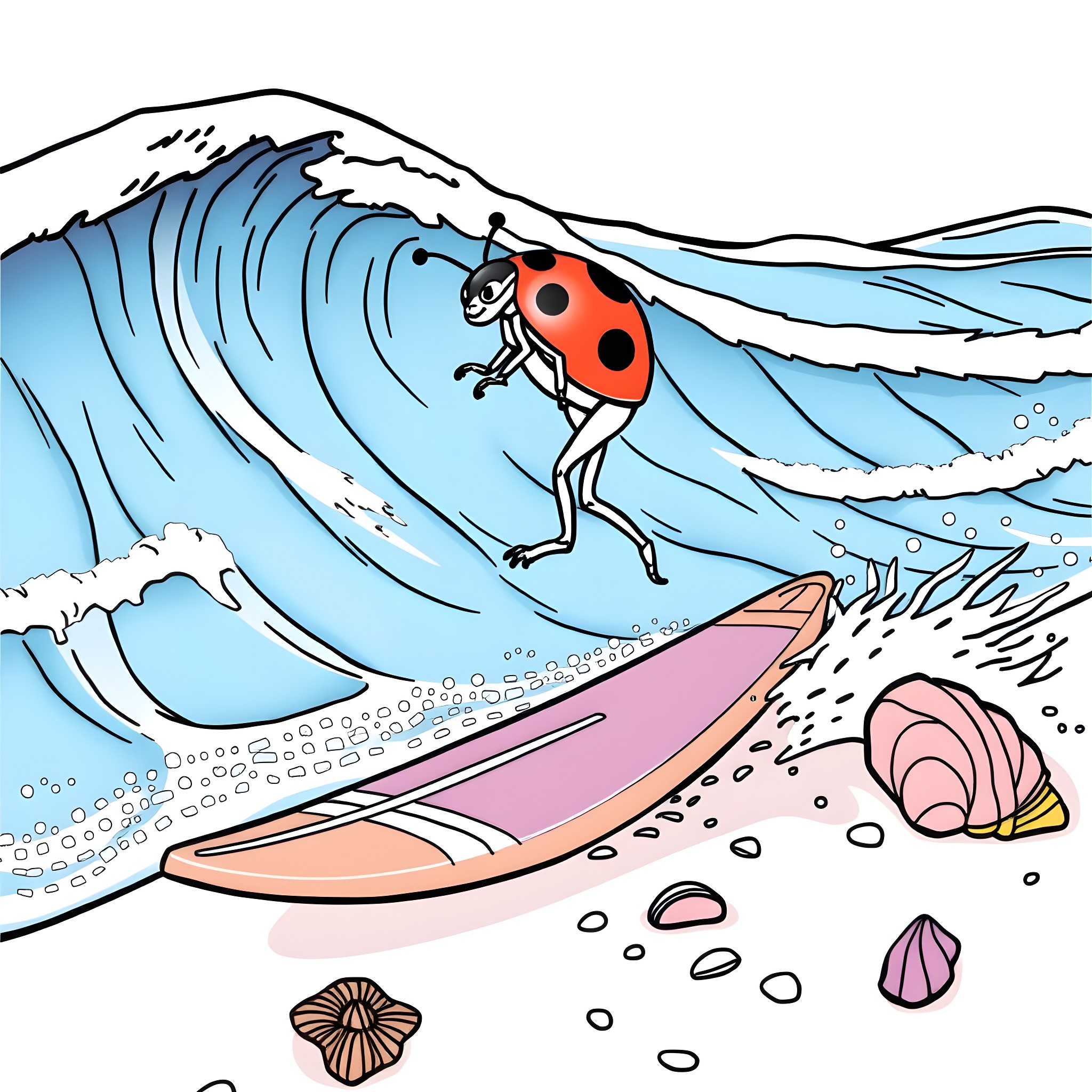 Ladybug surfing on giant waves near the shore Coloring Page (free black-and-white line drawing printable PDF for all, from beginners to advanced learners, including children, teens, adults, and seniors)