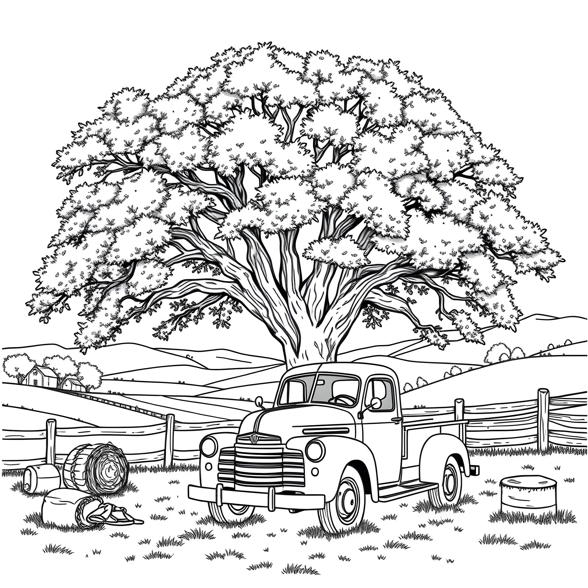 Truck parked in rural countryside landscape Coloring Page (free black-and-white line drawing printable PDF for all, from beginners to advanced learners, including children, teens, adults, and seniors)