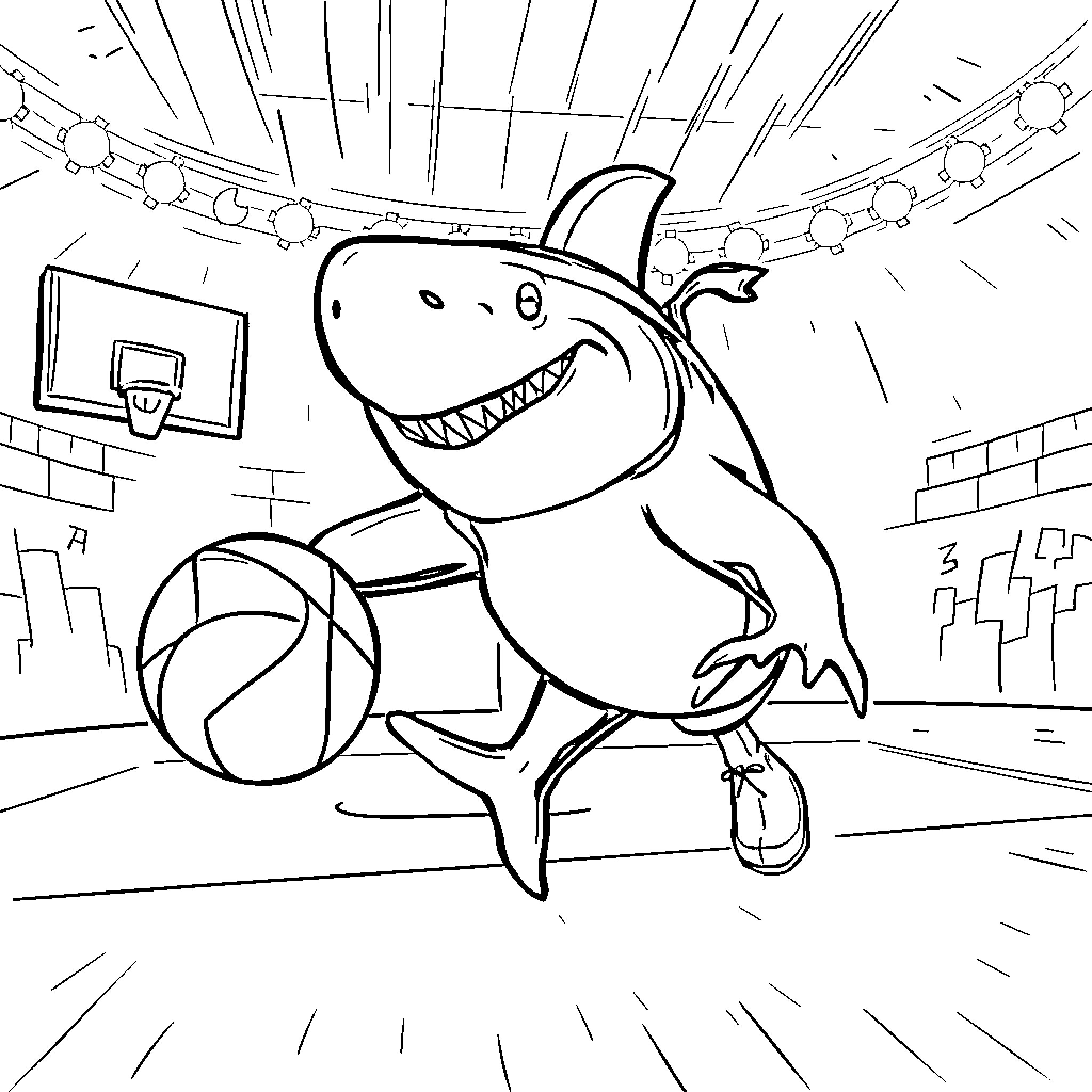Shark playing basketball in the court Coloring Page (free black-and-white line drawing printable PDF for all, from beginners to advanced learners, including children, teens, adults, and seniors)