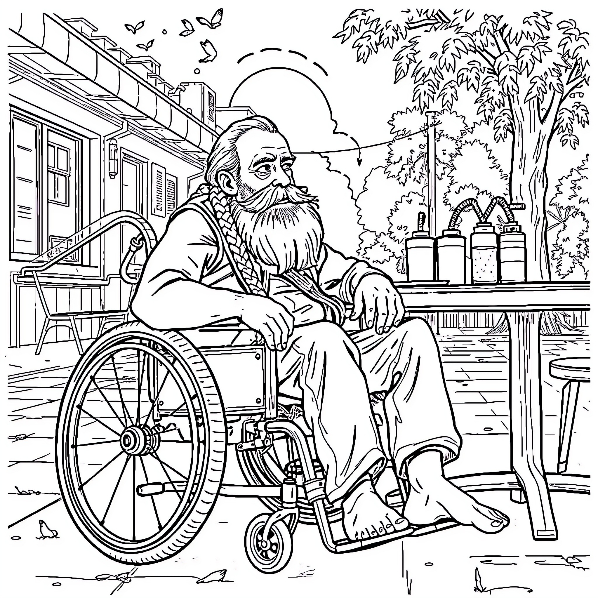 Biker in wheelchair enjoying outdoor scene Coloring Page (free black-and-white line drawing printable PDF for all, from beginners to advanced learners, including children, teens, adults, and seniors)