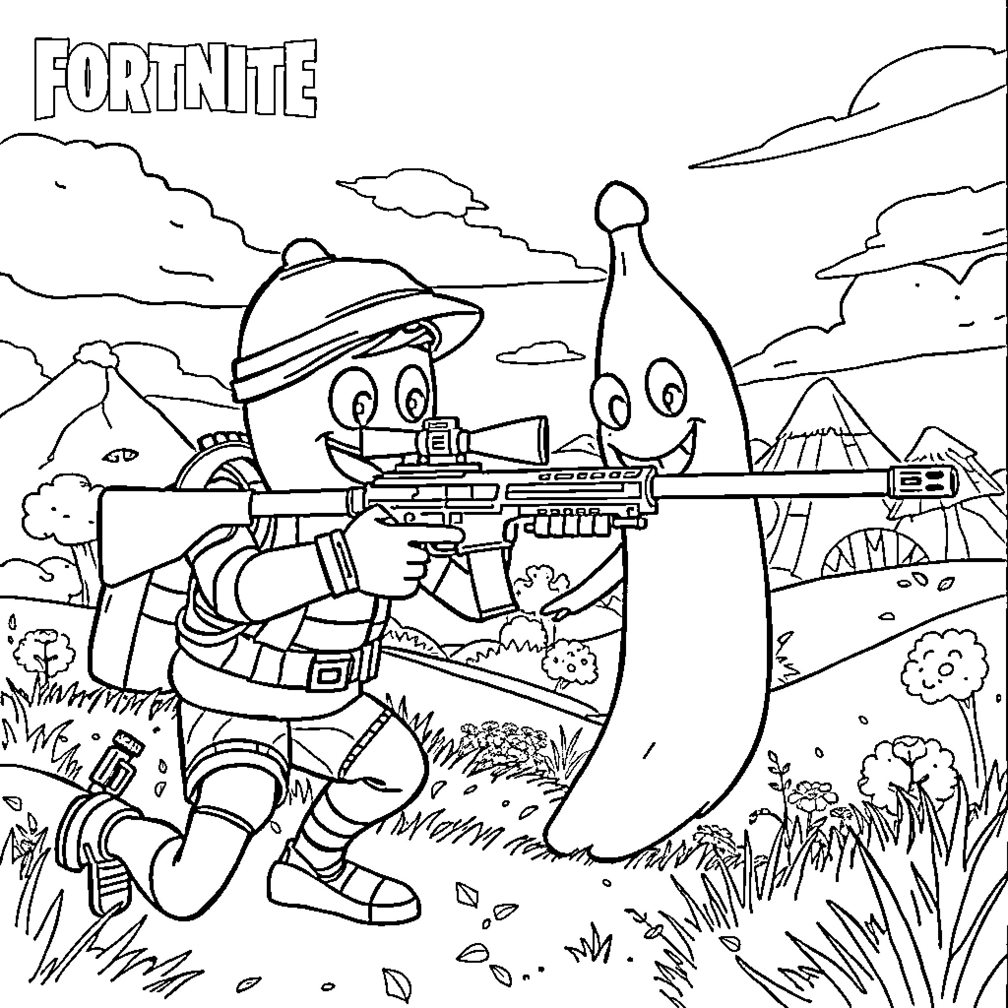 Peely engaging in playful battle with friends in the Fortnite world Coloring Page (free black-and-white line drawing printable PDF for all, from beginners to advanced learners, including children, teens, adults, and seniors)