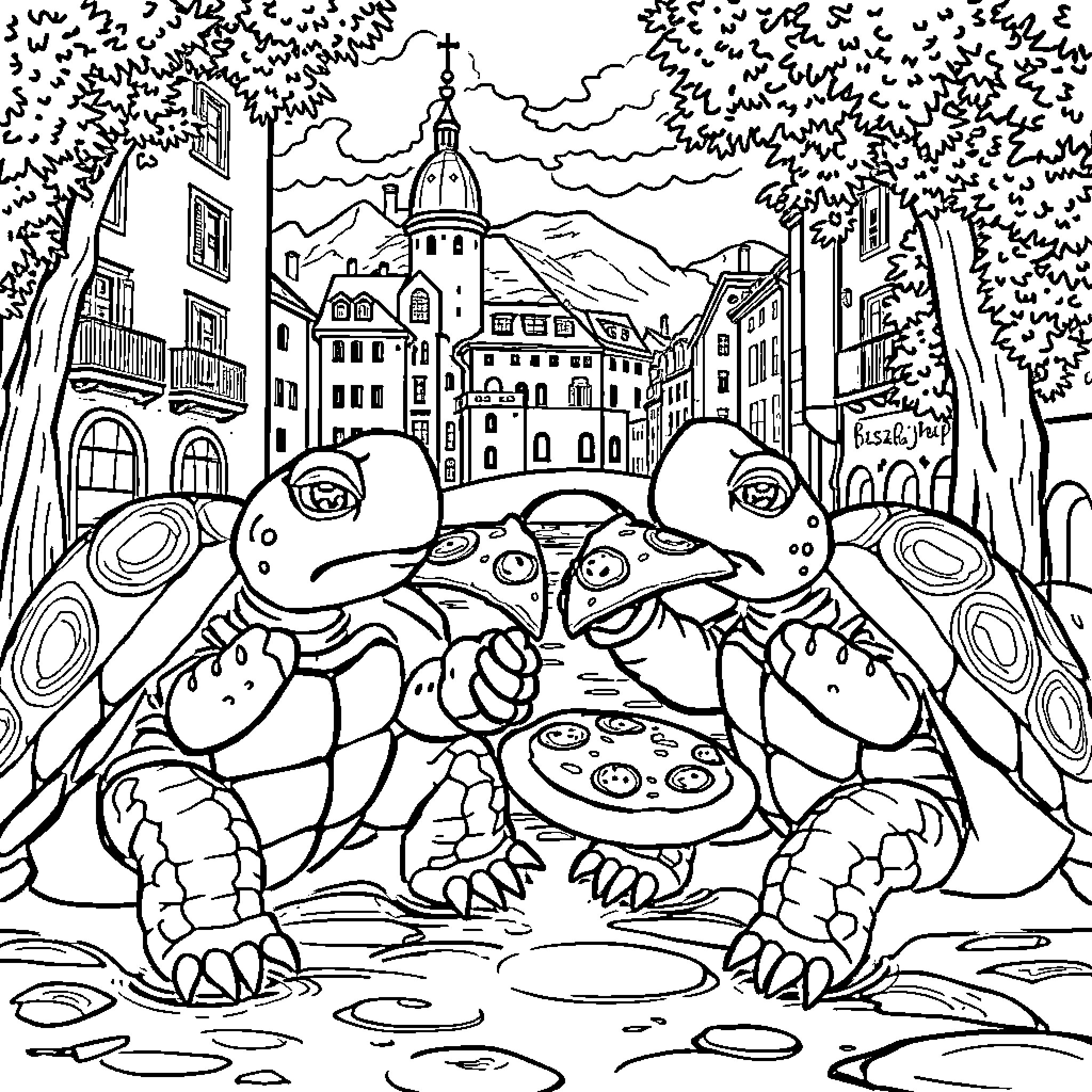 Turtle picnic in front of historic town Coloring Page (free black-and-white line drawing printable PDF for all, from beginners to advanced learners, including children, teens, adults, and seniors)