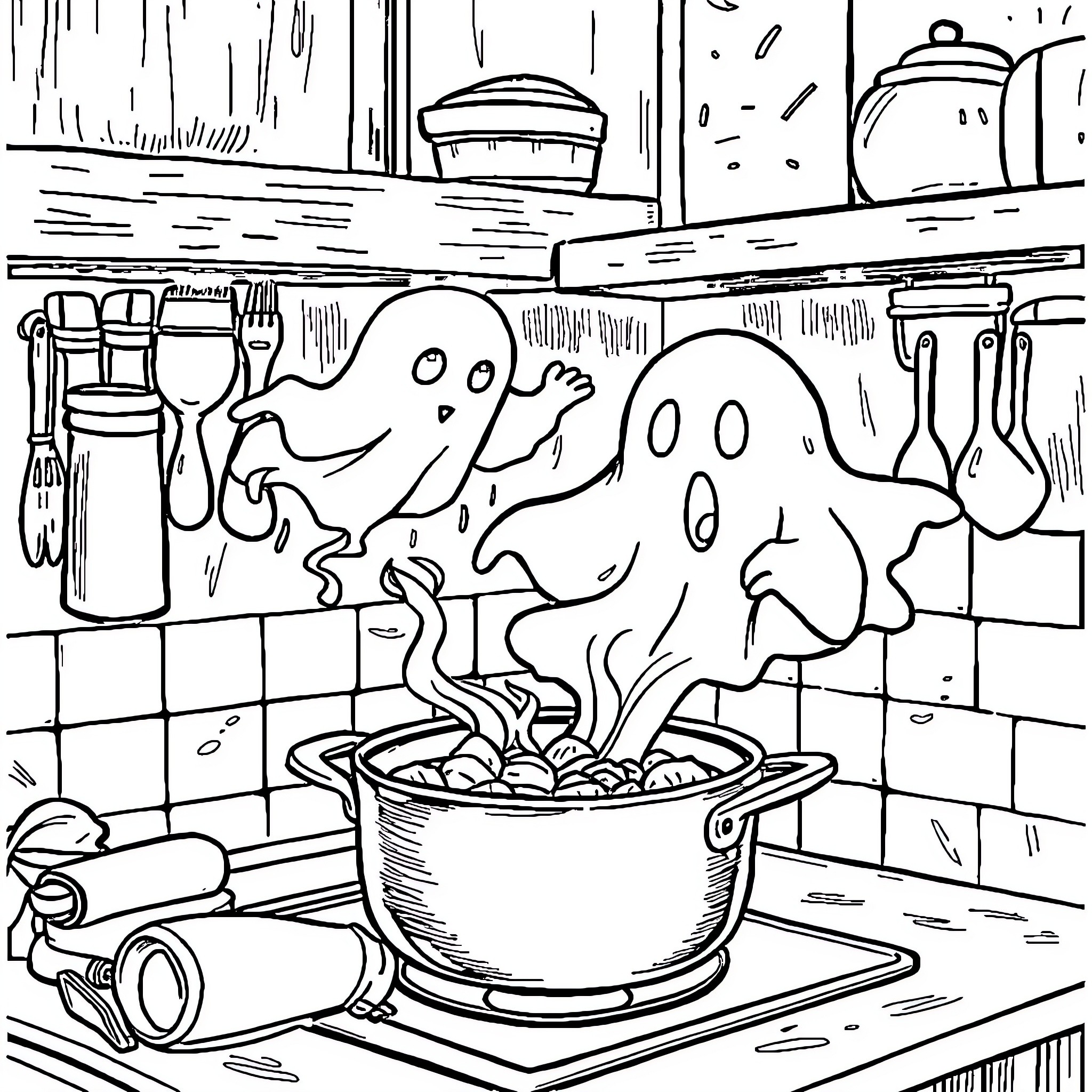 Ghost Cooking Spooky Meal in the Kitchen Coloring Page (free black-and-white line drawing printable PDF for all, from beginners to advanced learners, including children, teens, adults, and seniors)