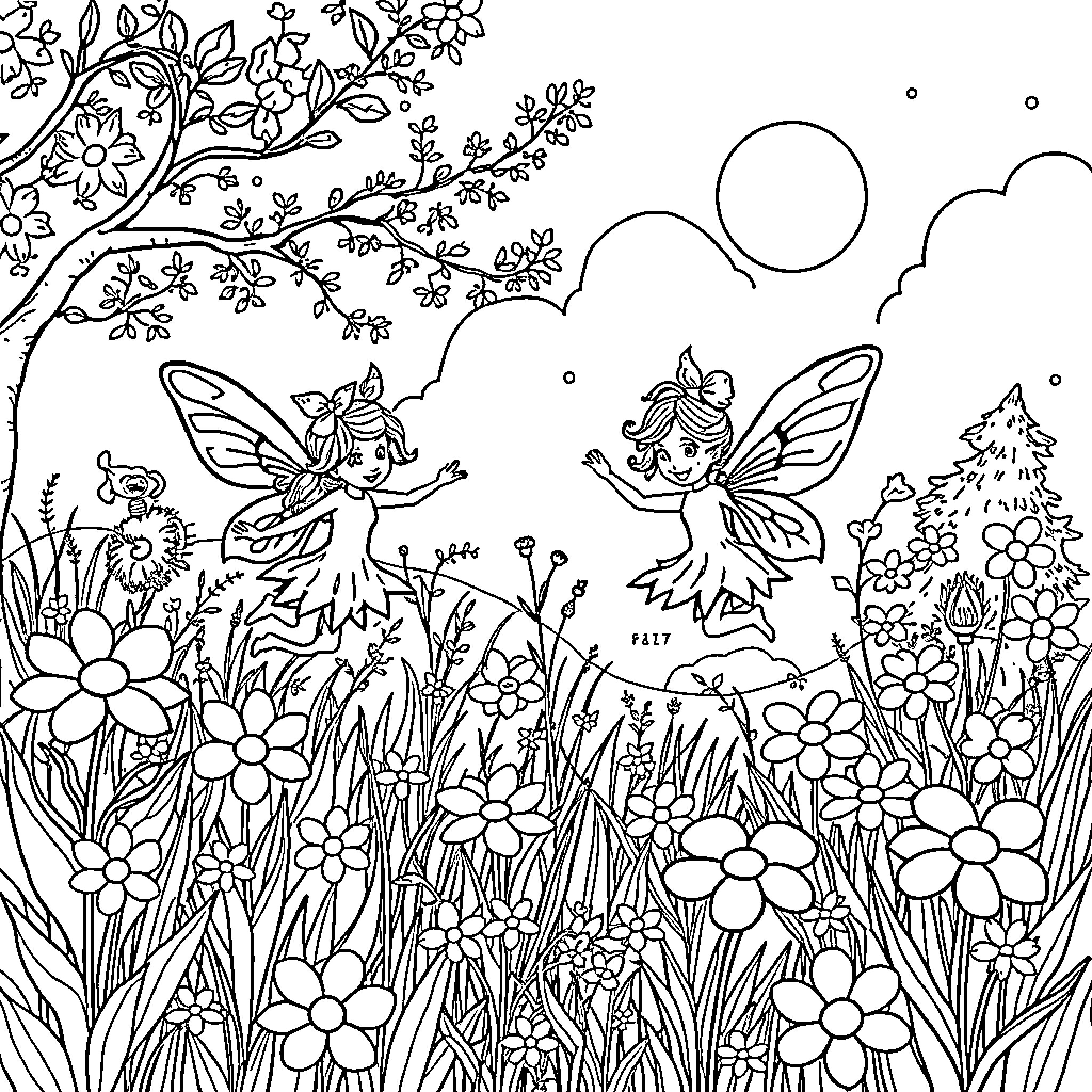 Fairy Wonderland with Dancing Pixies Coloring Page (free black-and-white line drawing printable PDF for all, from beginners to advanced learners, including children, teens, adults, and seniors)