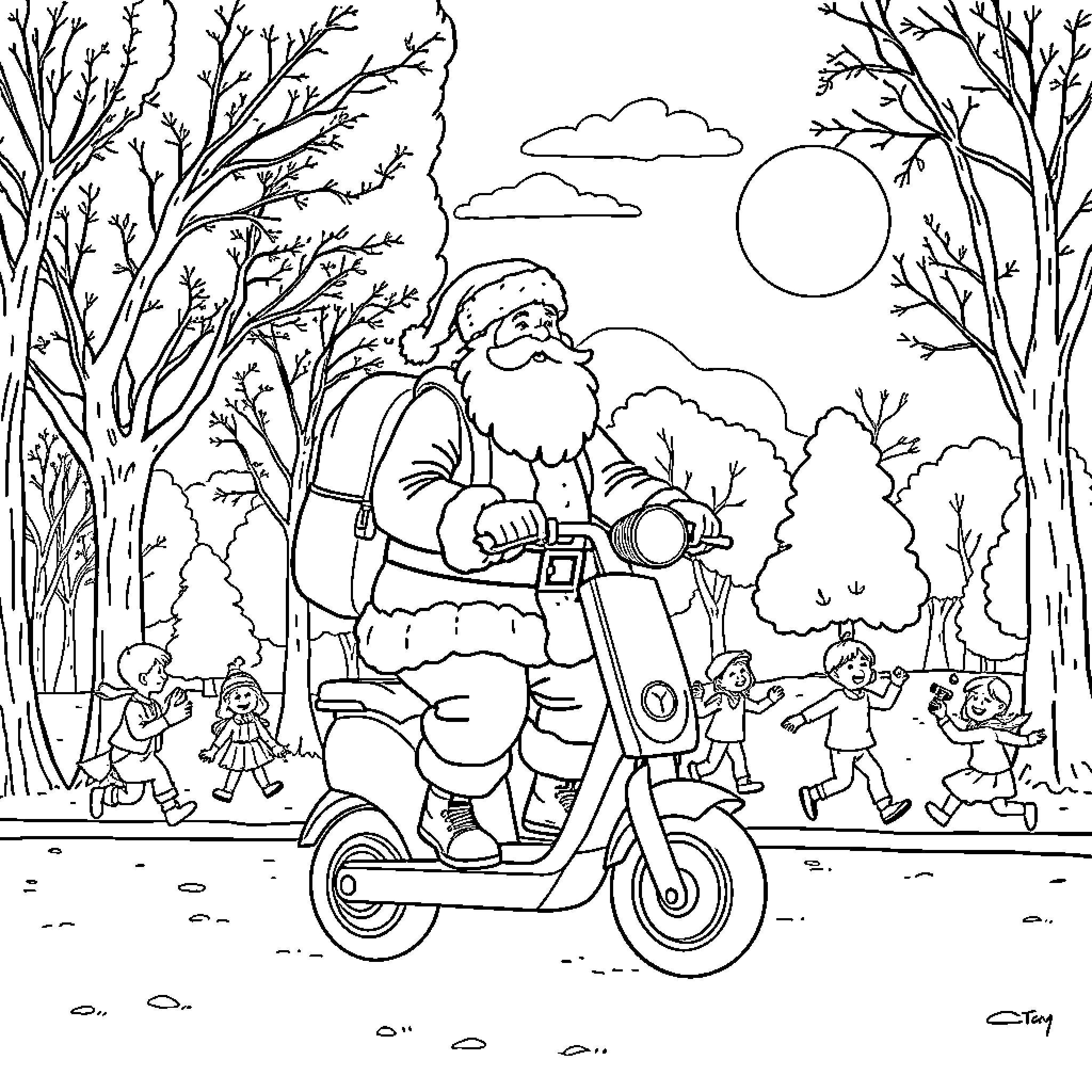 Santa riding scooter through winter forest with children Coloring Page (free black-and-white line drawing printable PDF for all, from beginners to advanced learners, including children, teens, adults, and seniors)