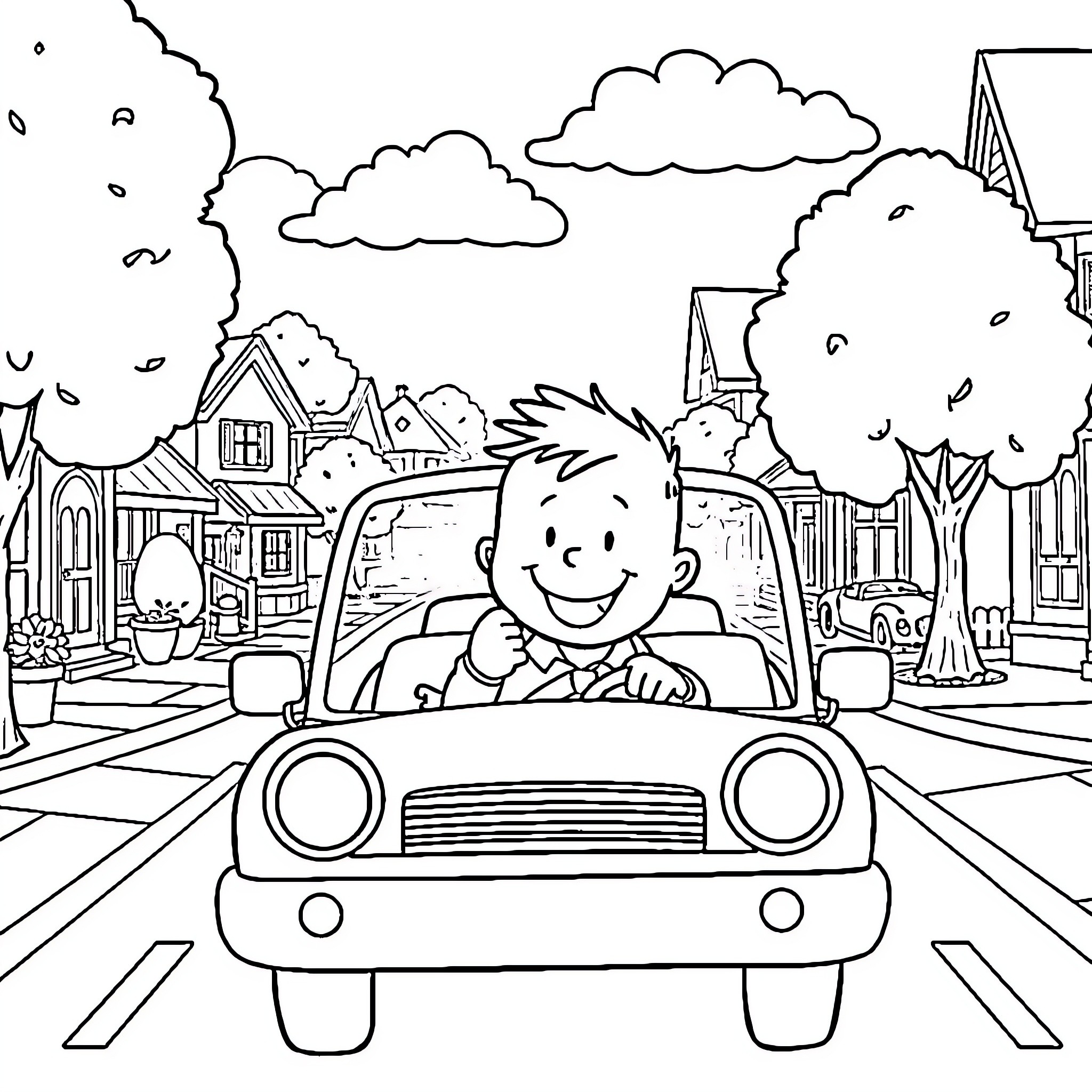 Caillou driving happily through a small town Coloring Page (free black-and-white line drawing printable PDF for all, from beginners to advanced learners, including children, teens, adults, and seniors)