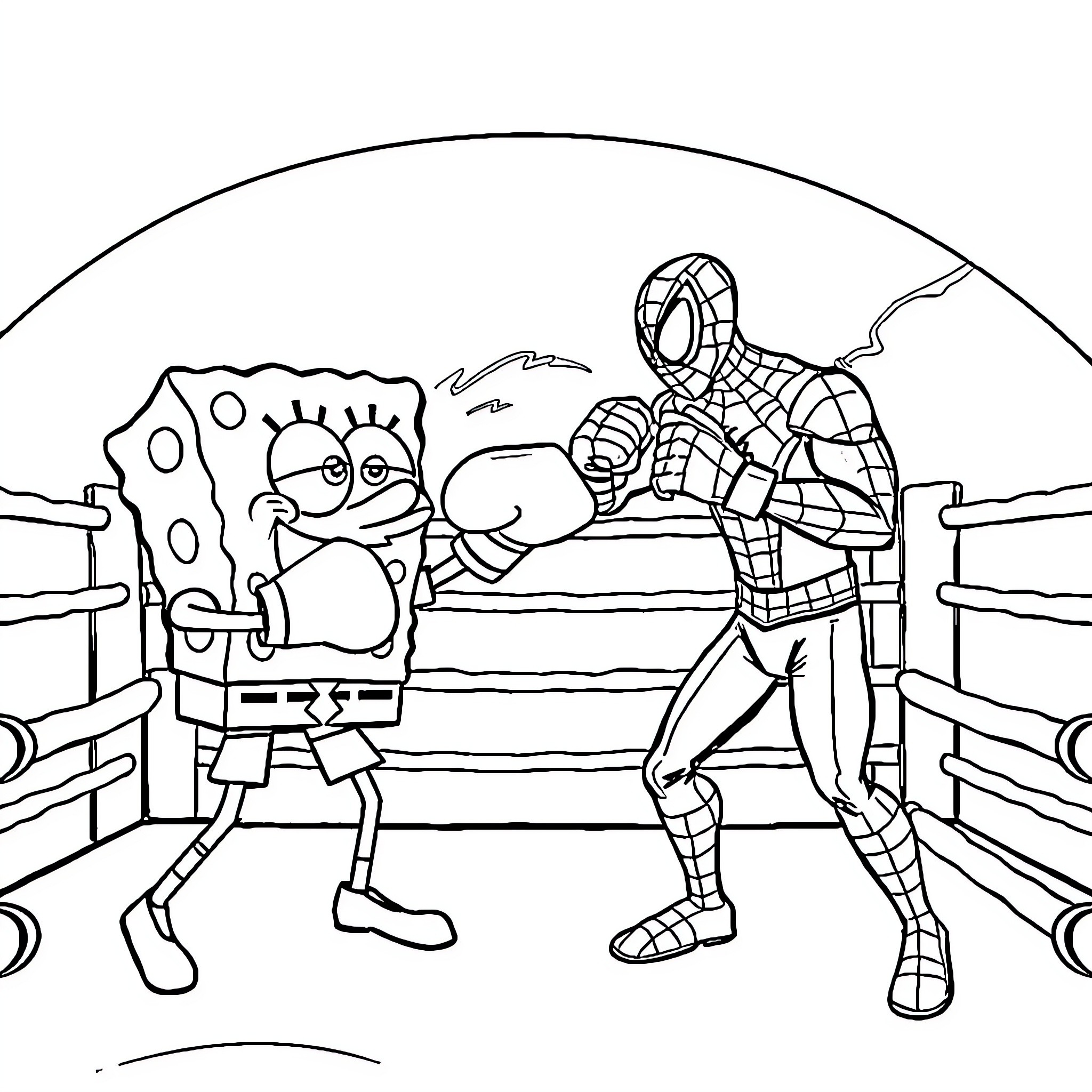 Spongebob and Spiderman facing off in the boxing ring Coloring Page (free black-and-white line drawing printable PDF for all, from beginners to advanced learners, including children, teens, adults, and seniors)
