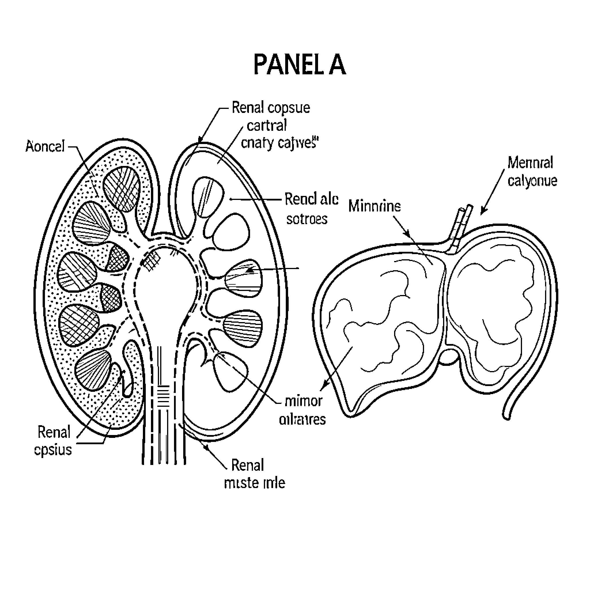 Kidney anatomy diagram showing internal structures and labels Coloring Page (free black-and-white line drawing printable PDF for all, from beginners to advanced learners, including children, teens, adults, and seniors)