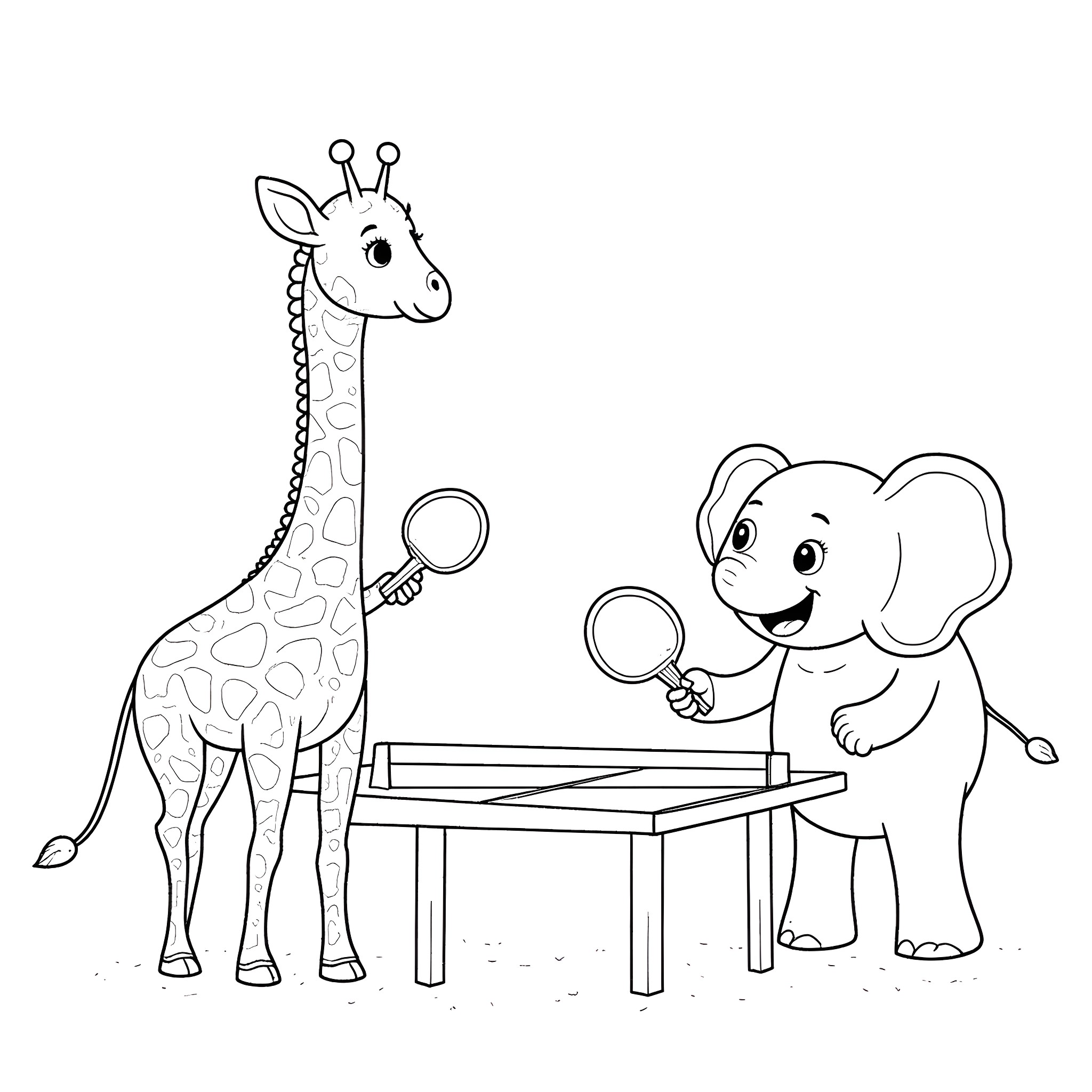 Giraffe and elephant playing with magnifying glasses Coloring Page (free black-and-white line drawing printable PDF for all, from beginners to advanced learners, including children, teens, adults, and seniors)