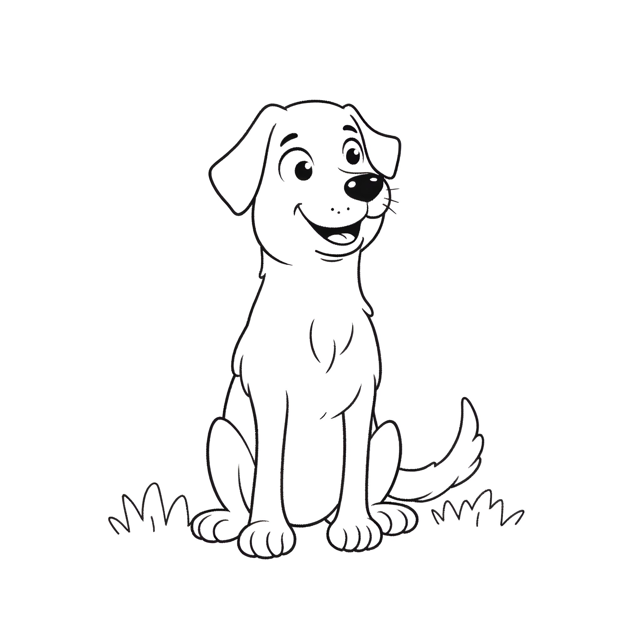 Dog sitting happily in the grass Coloring Page (free black-and-white line drawing printable PDF for all, from beginners to advanced learners, including children, teens, adults, and seniors)