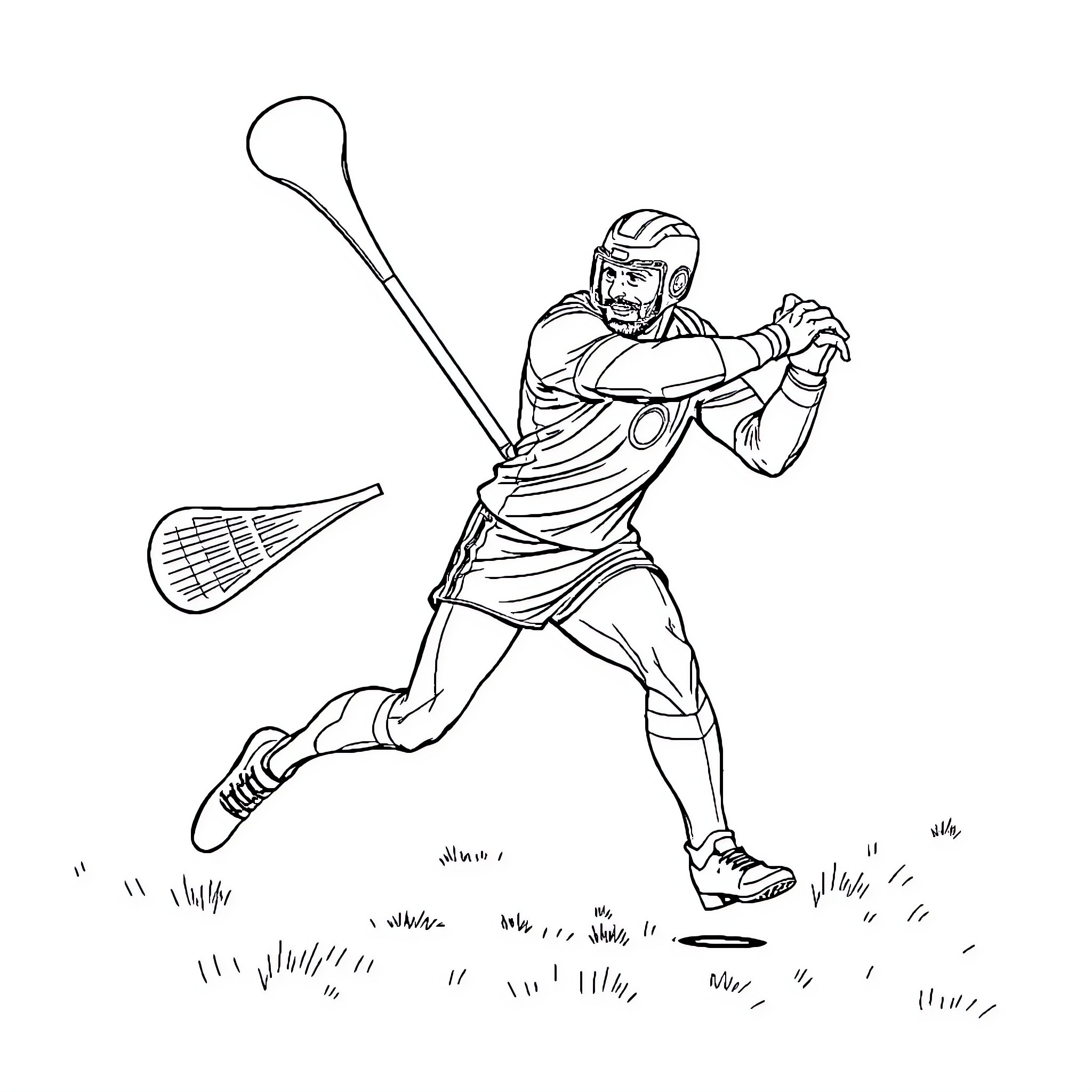 Ironman Lacrosse Player in Action Coloring Page (free black-and-white line drawing printable PDF for all, from beginners to advanced learners, including children, teens, adults, and seniors)