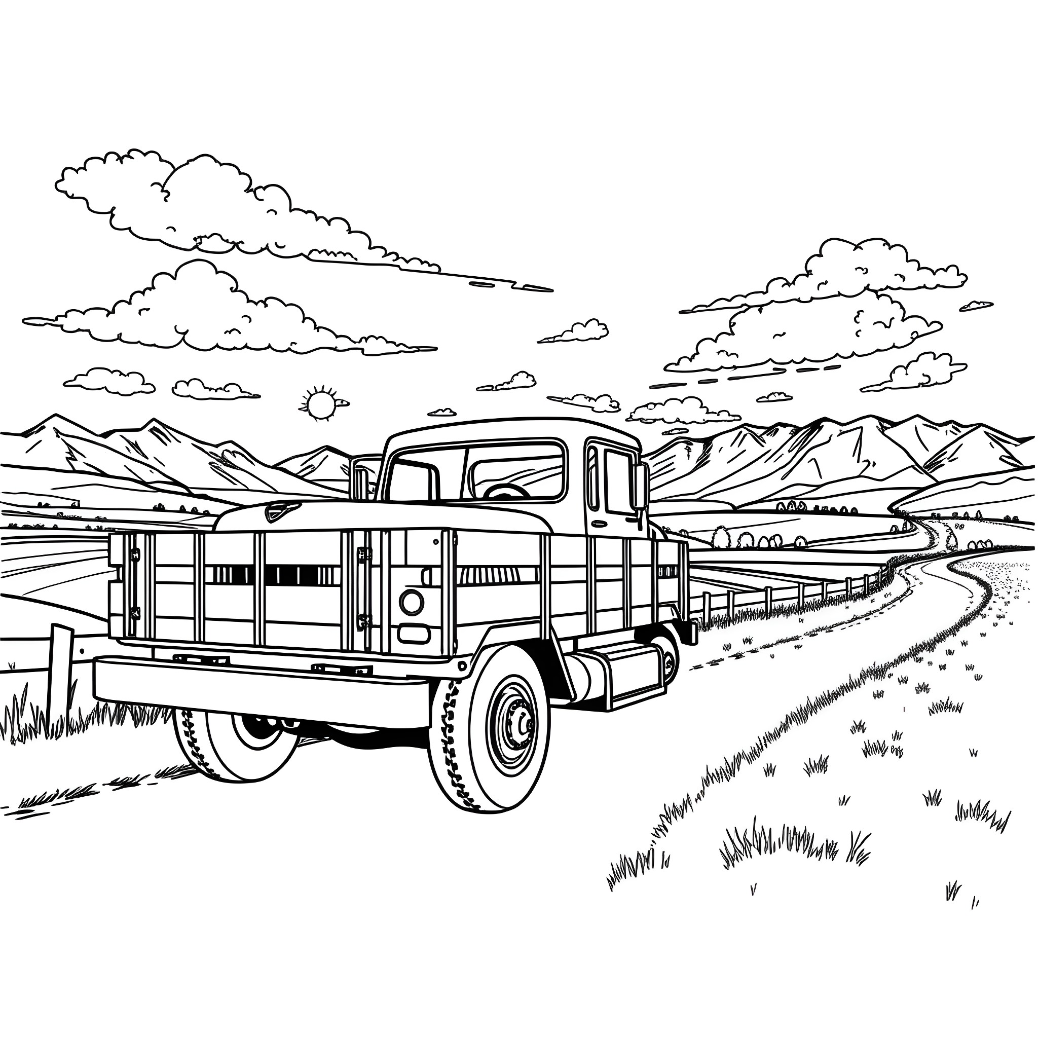 Flatbed truck traversing rural landscape Coloring Page (free black-and-white line drawing printable PDF for all, from beginners to advanced learners, including children, teens, adults, and seniors)