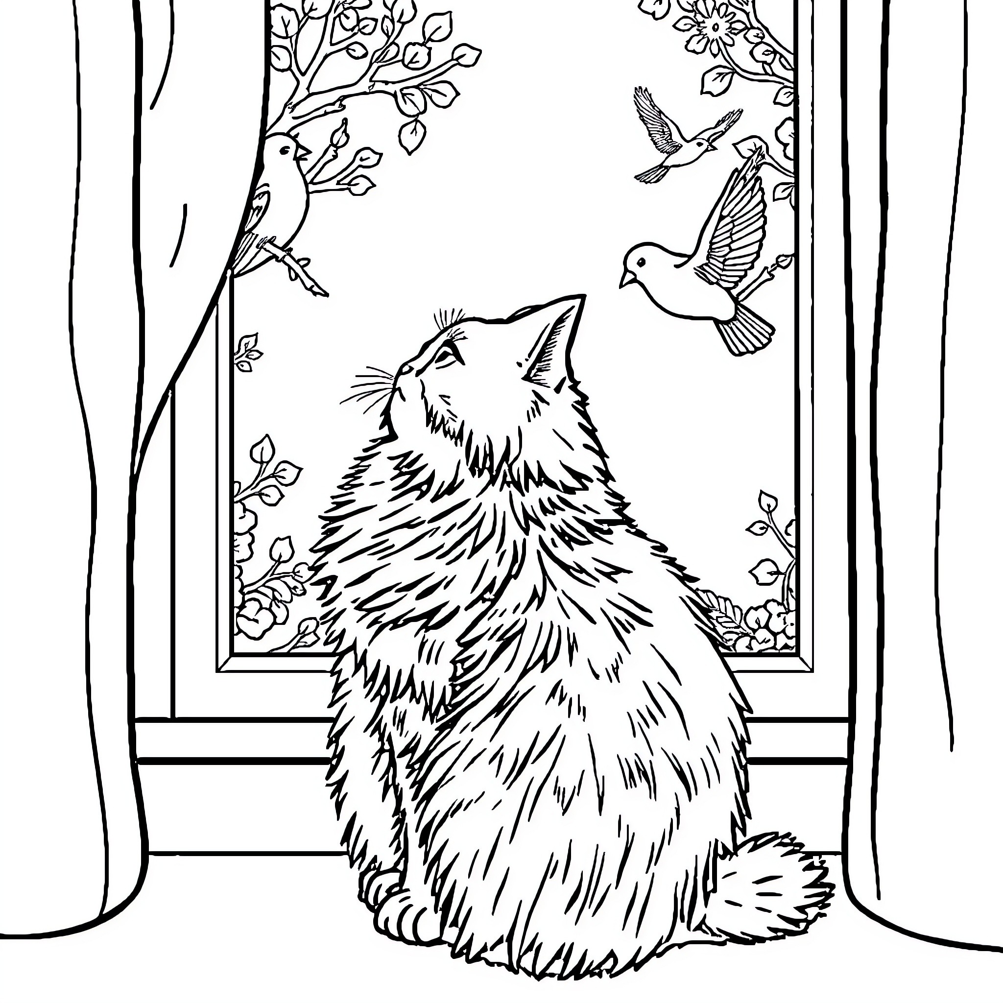 Cat gazing outside through window with nature Coloring Page (free black-and-white line drawing printable PDF for all, from beginners to advanced learners, including children, teens, adults, and seniors)