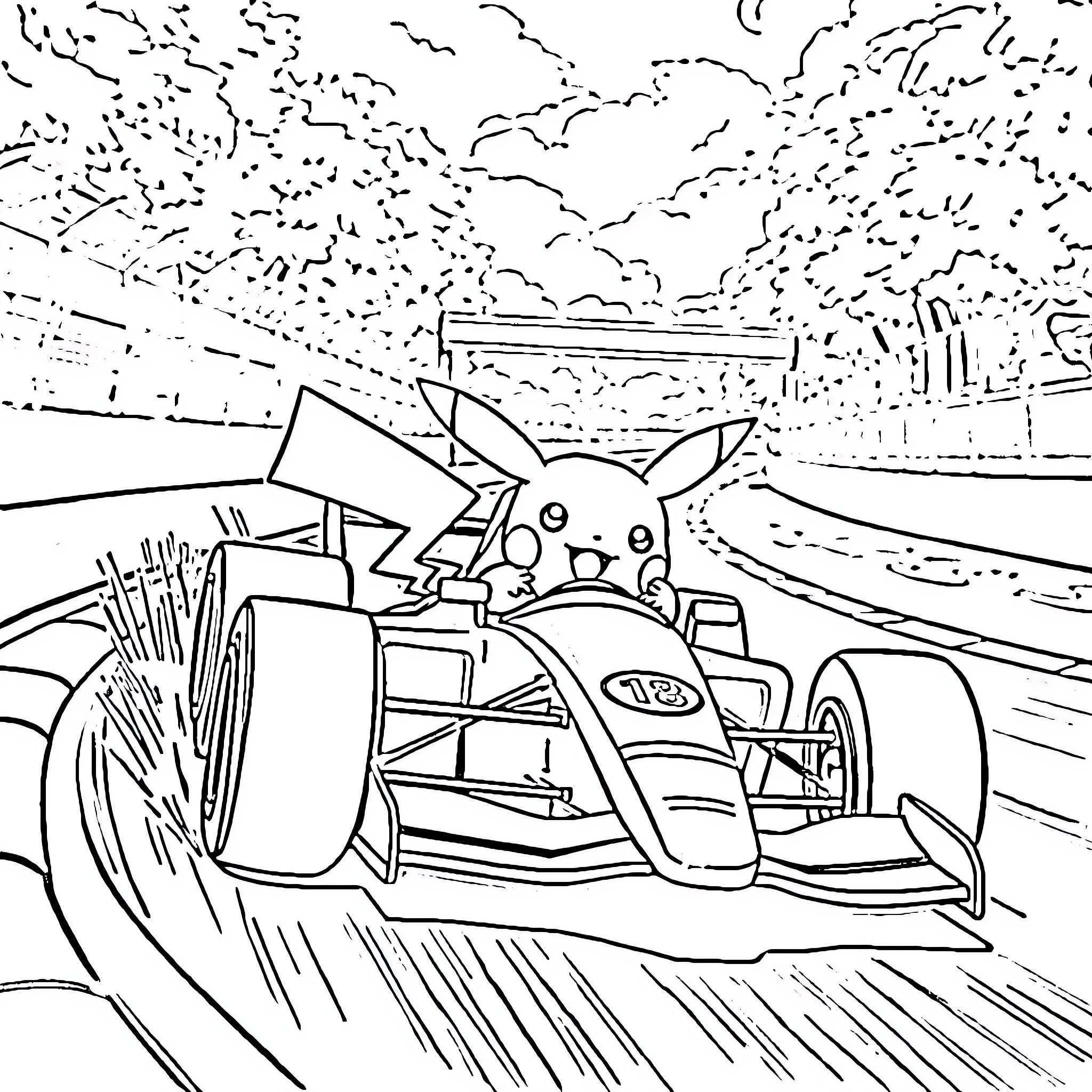 Pikachu's Thrilling Race on the Formula One Track Coloring Page (free black-and-white line drawing printable PDF for all, from beginners to advanced learners, including children, teens, adults, and seniors)