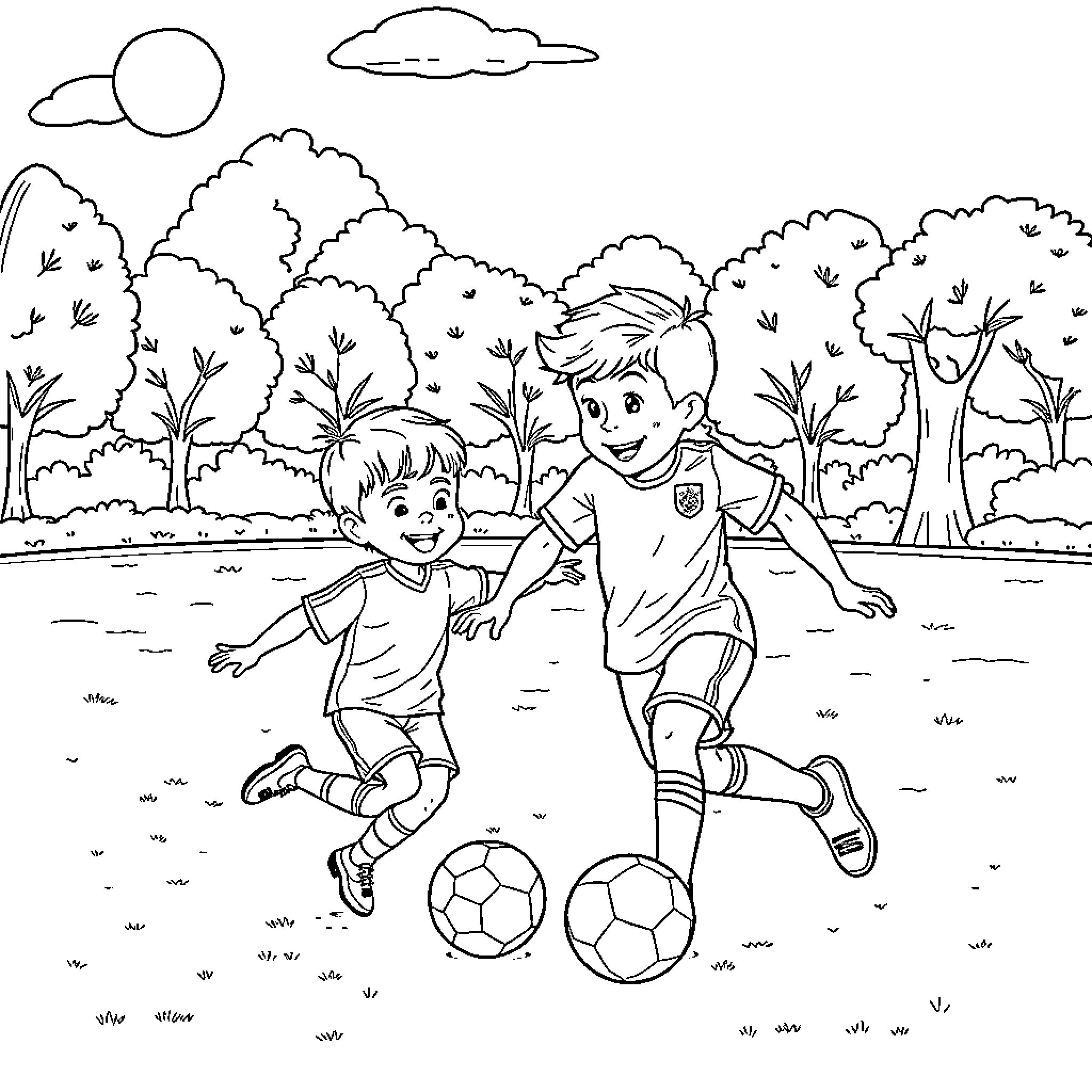 Ronaldo playing soccer with a friend in the park Coloring Page (free black-and-white line drawing printable PDF for all, from beginners to advanced learners, including children, teens, adults, and seniors)