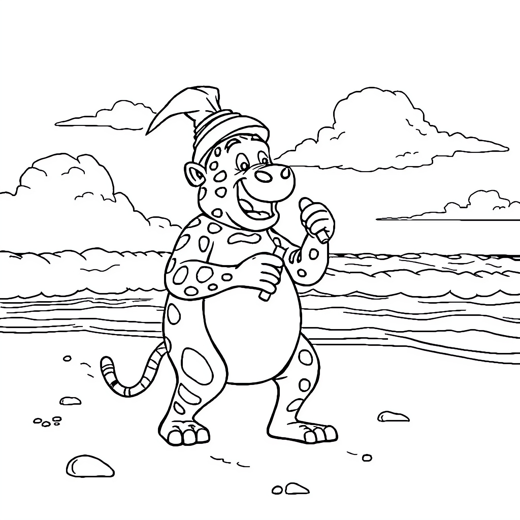 Pumba enjoying a sunny day at the beach Coloring Page (free black-and-white line drawing printable PDF for all, from beginners to advanced learners, including children, teens, adults, and seniors)