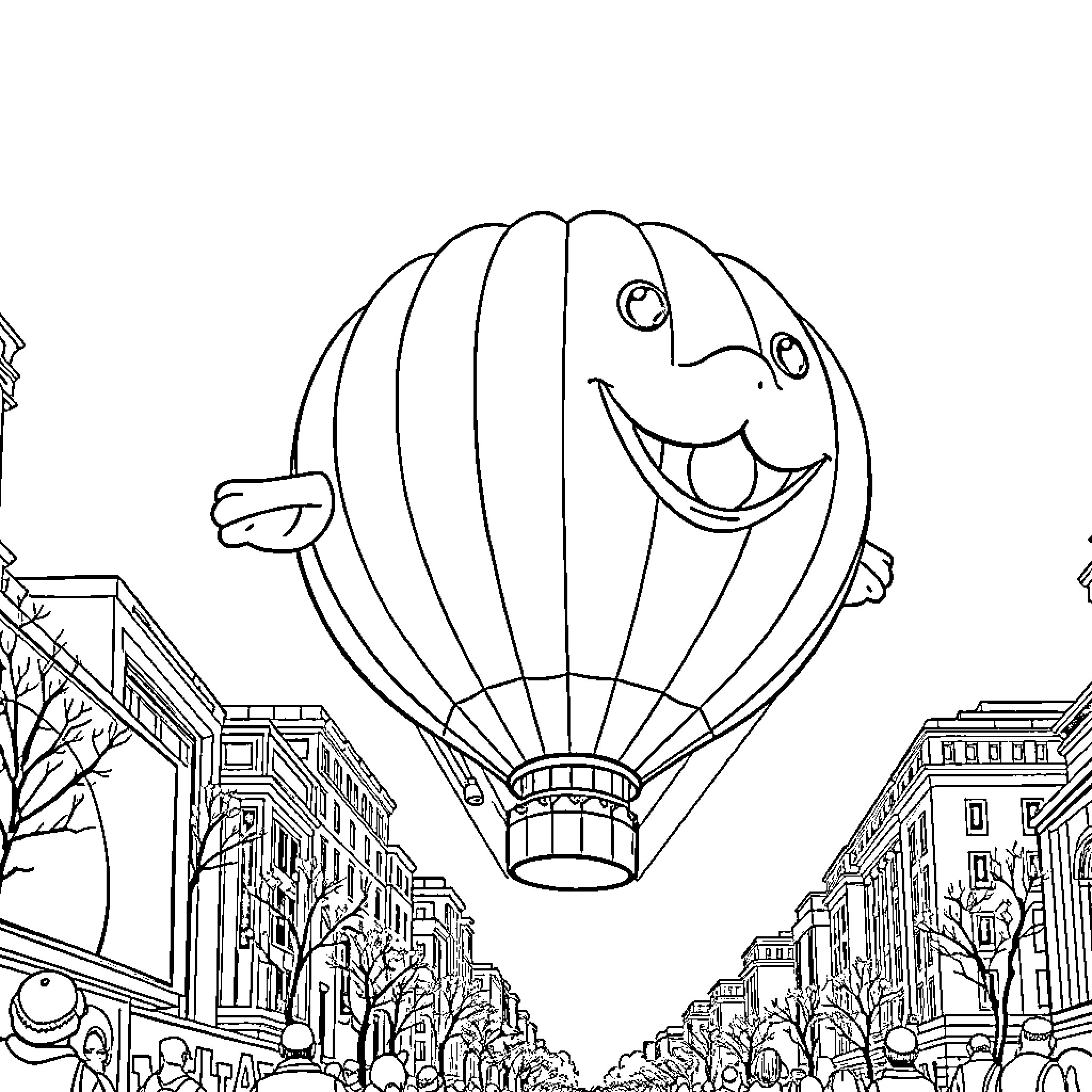 Balloon soaring over city streets Coloring Page (free black-and-white line drawing printable PDF for all, from beginners to advanced learners, including children, teens, adults, and seniors)