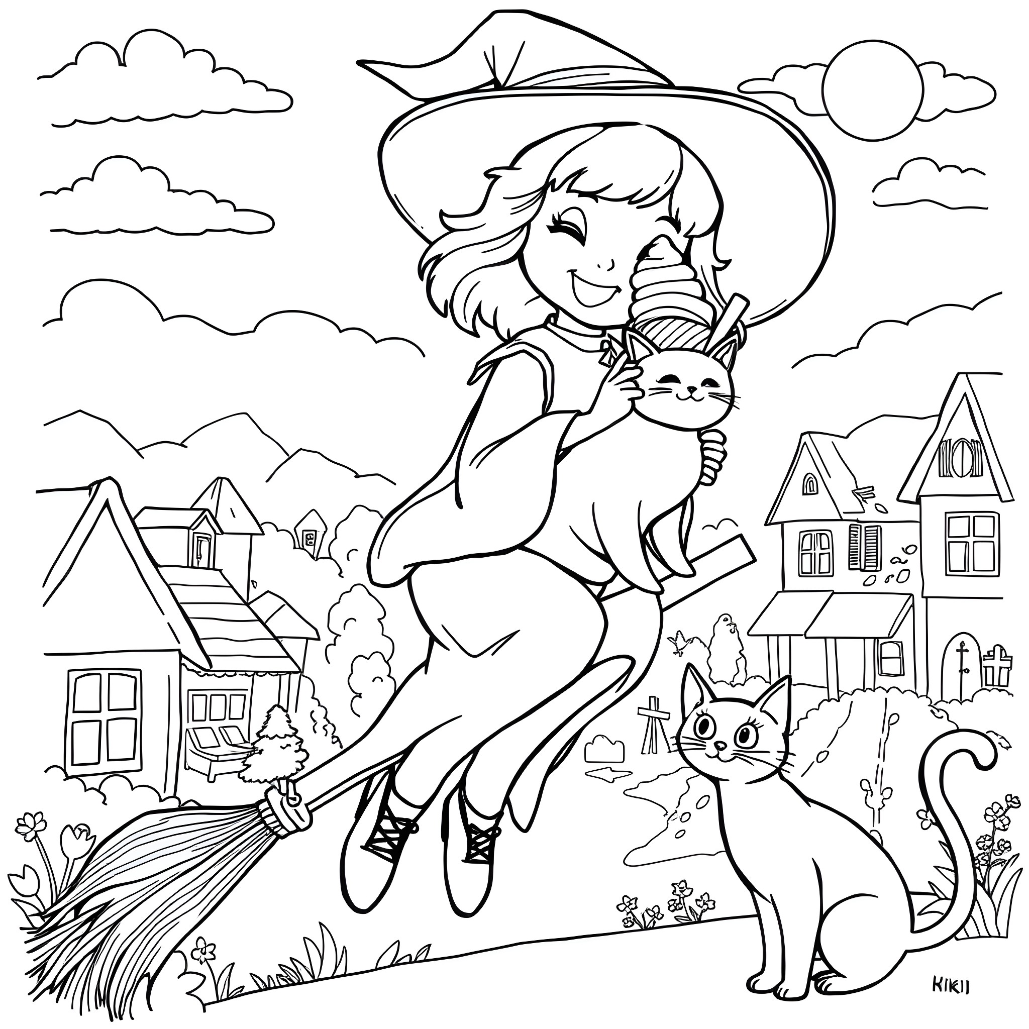 Kiki playing with cats in a magical village Coloring Page (free black-and-white line drawing printable PDF for all, from beginners to advanced learners, including children, teens, adults, and seniors)
