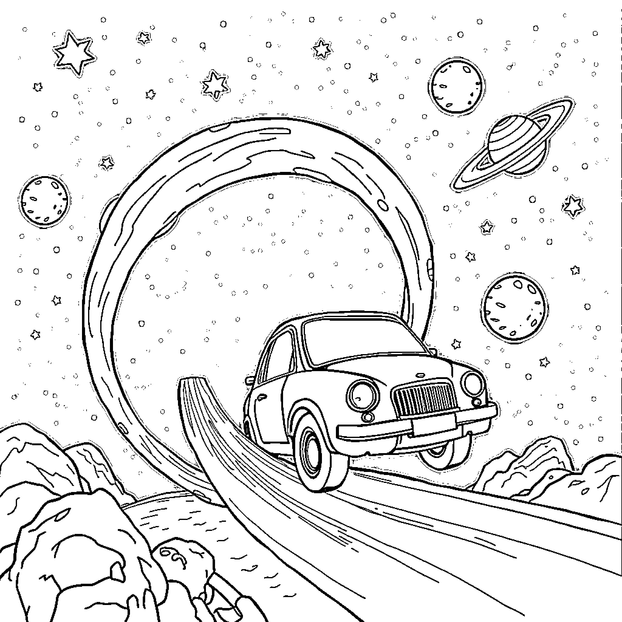 Car traveling through cosmic landscape Coloring Page (free black-and-white line drawing printable PDF for all, from beginners to advanced learners, including children, teens, adults, and seniors)