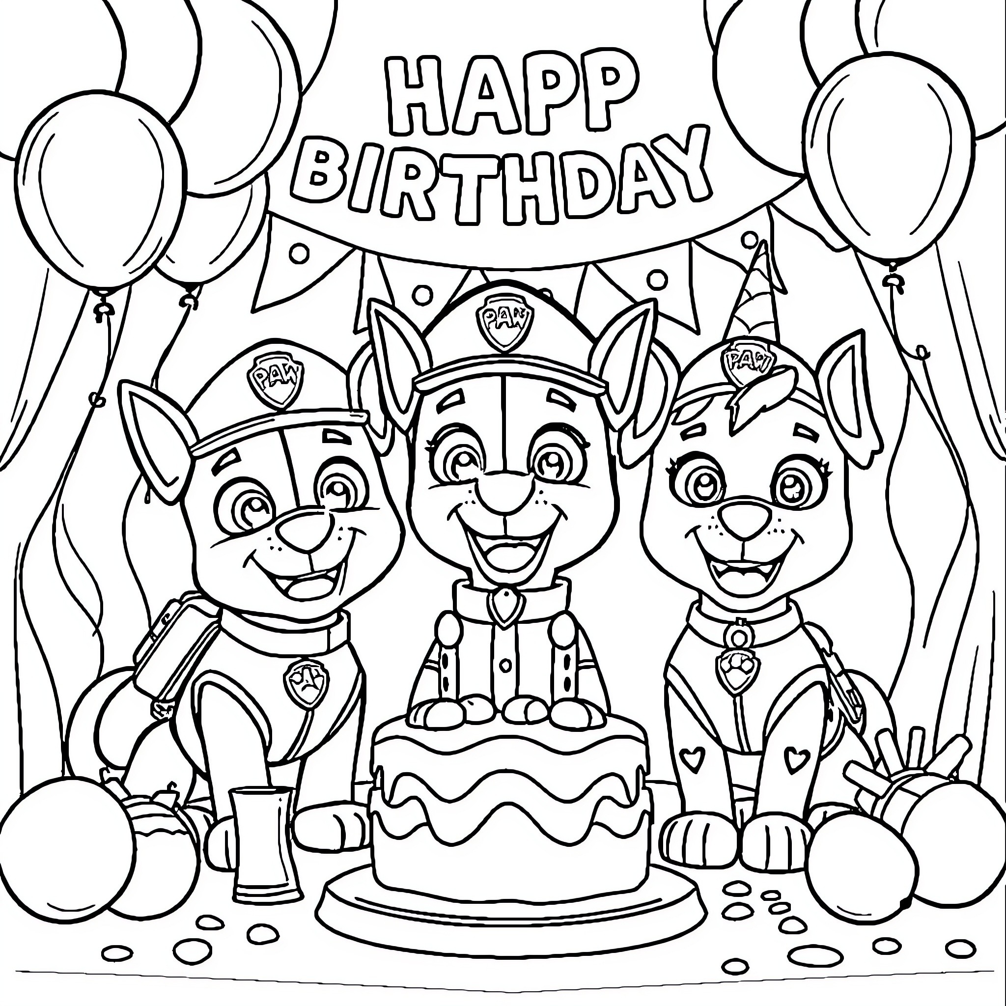 Paw Patrol Characters Celebrating Birthday Party Coloring Page (free black-and-white line drawing printable PDF for all, from beginners to advanced learners, including children, teens, adults, and seniors)