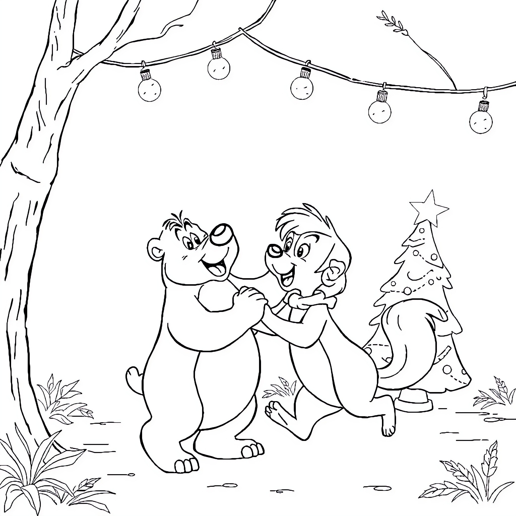 Baloo and friends celebrate in the forest Coloring Page (free black-and-white line drawing printable PDF for all, from beginners to advanced learners, including children, teens, adults, and seniors)