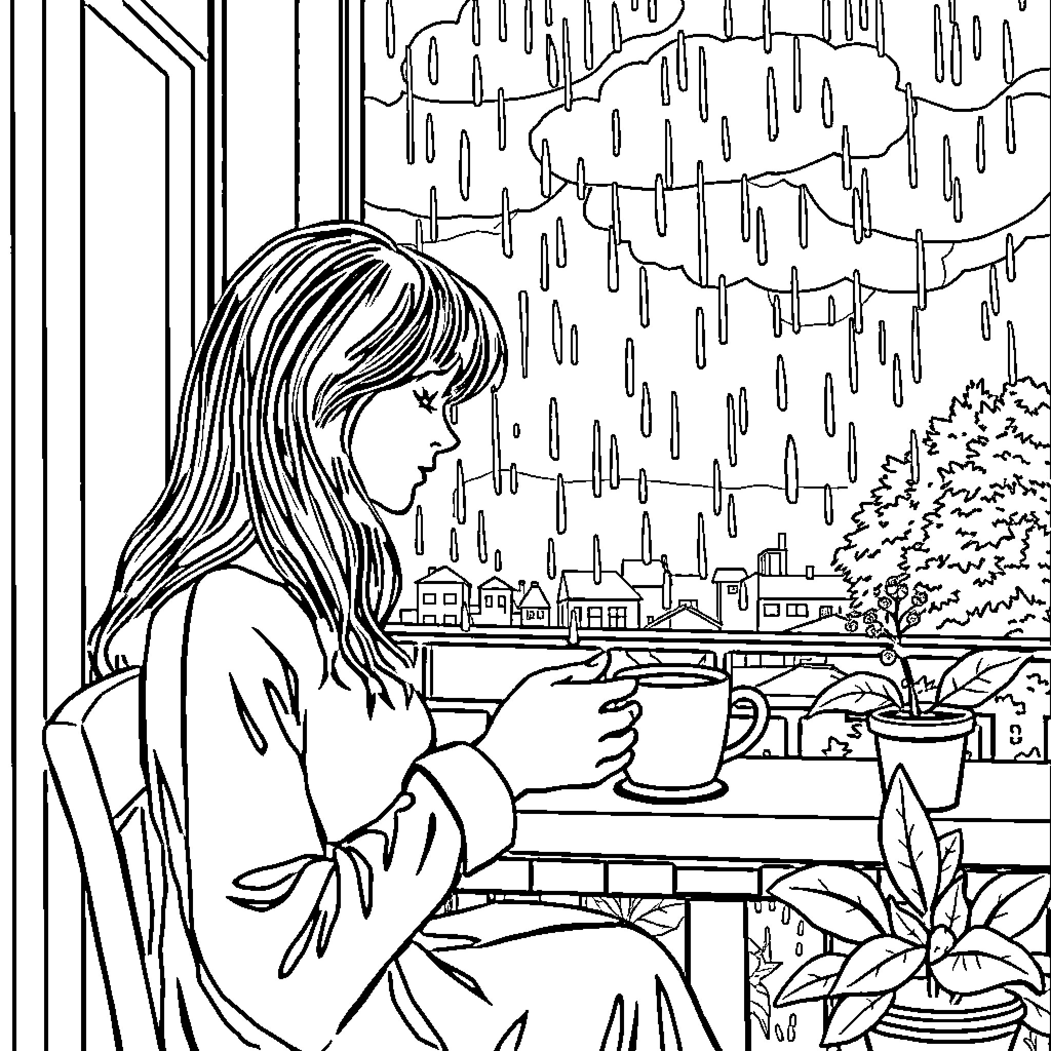 Coffee on a Rainy Day Coloring Page (free black-and-white line drawing printable PDF for all, from beginners to advanced learners, including children, teens, adults, and seniors)
