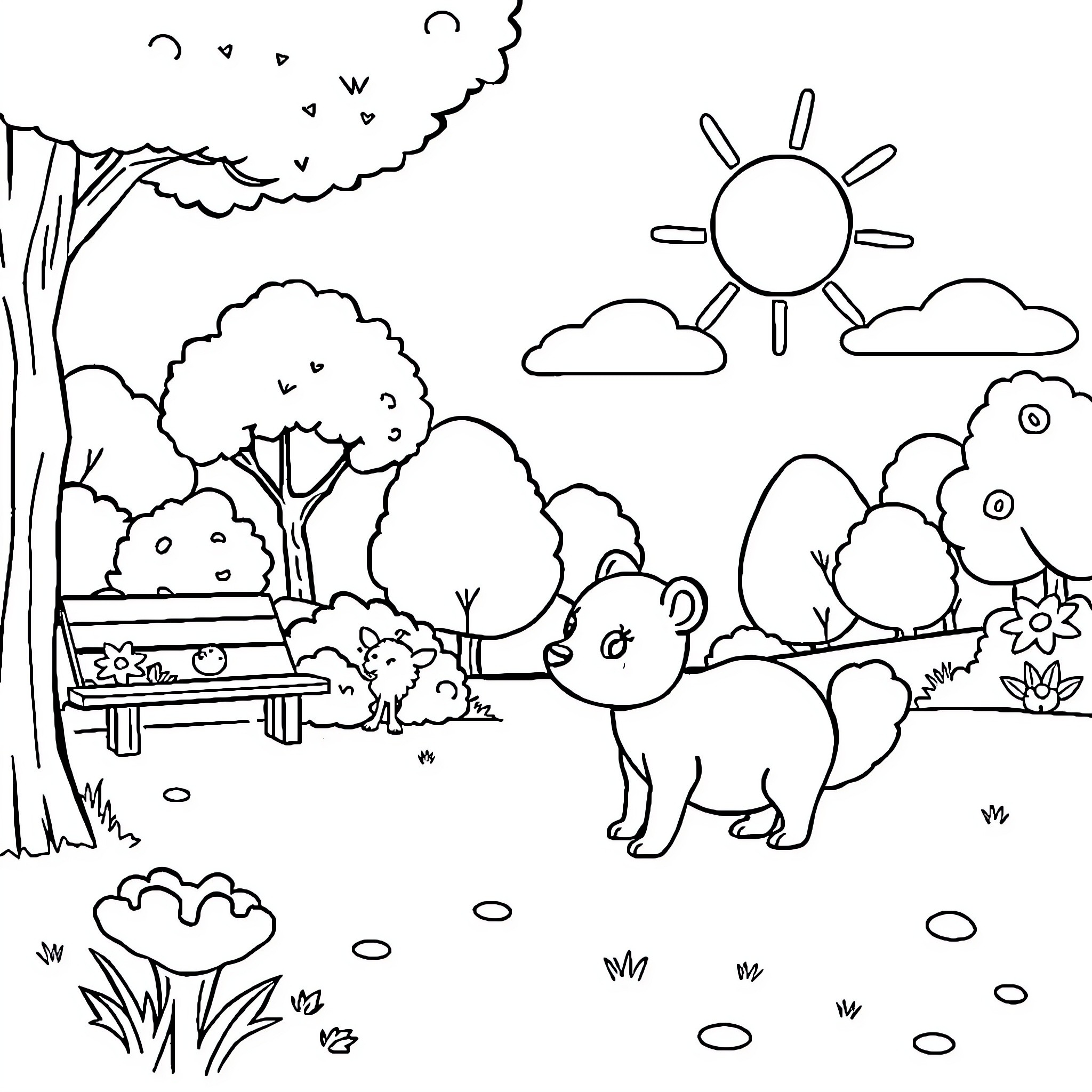 Animal enjoying a peaceful day in nature Coloring Page (free black-and-white line drawing printable PDF for all, from beginners to advanced learners, including children, teens, adults, and seniors)
