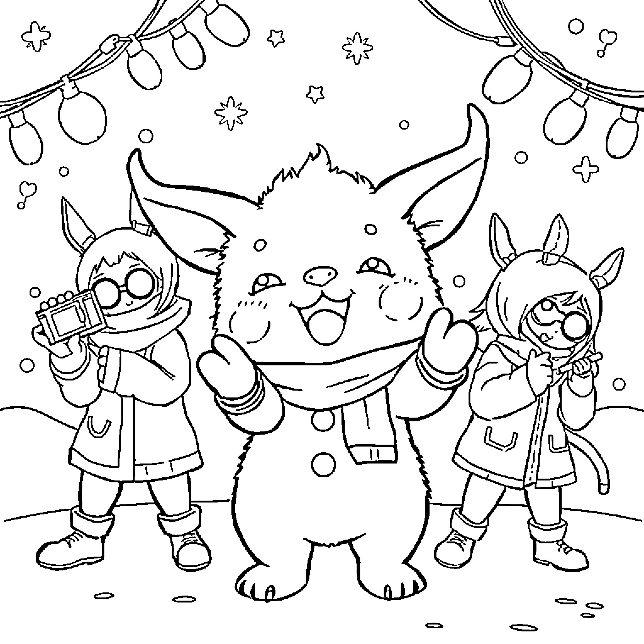 Labubu and friends celebrate winter wonderland Coloring Page (free black-and-white line drawing printable PDF for all, from beginners to advanced learners, including children, teens, adults, and seniors)