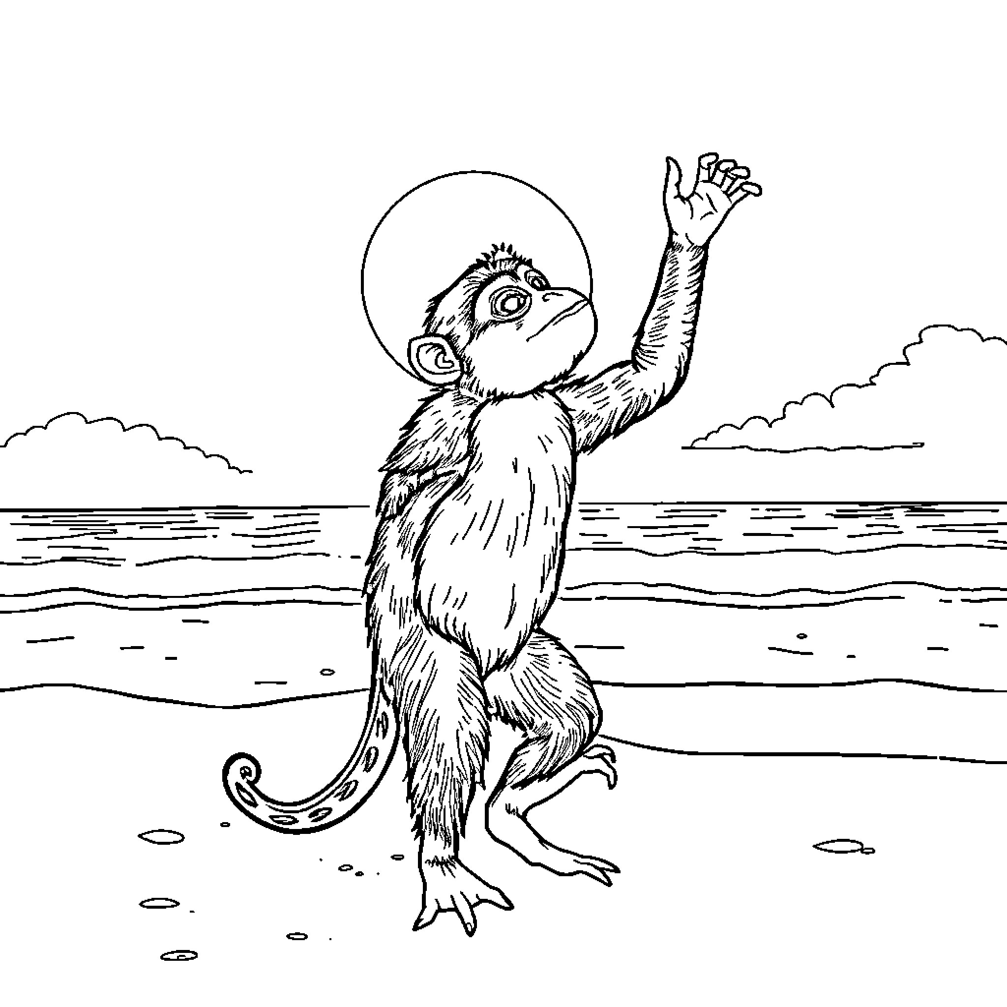 Ballerina monkey dancing joyfully on the beach Coloring Page (free black-and-white line drawing printable PDF for all, from beginners to advanced learners, including children, teens, adults, and seniors)