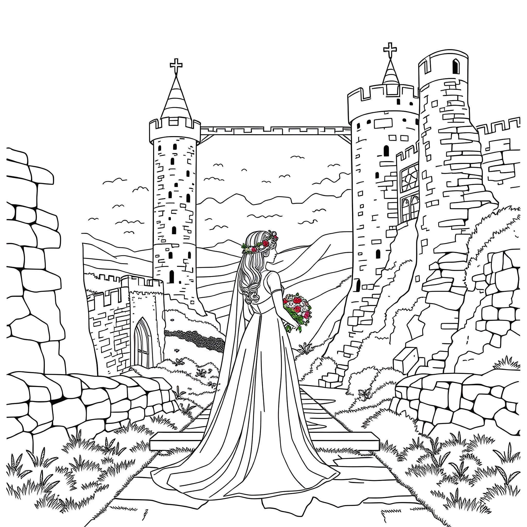 Talia's fairytale wedding in a medieval castle Coloring Page (free black-and-white line drawing printable PDF for all, from beginners to advanced learners, including children, teens, adults, and seniors)