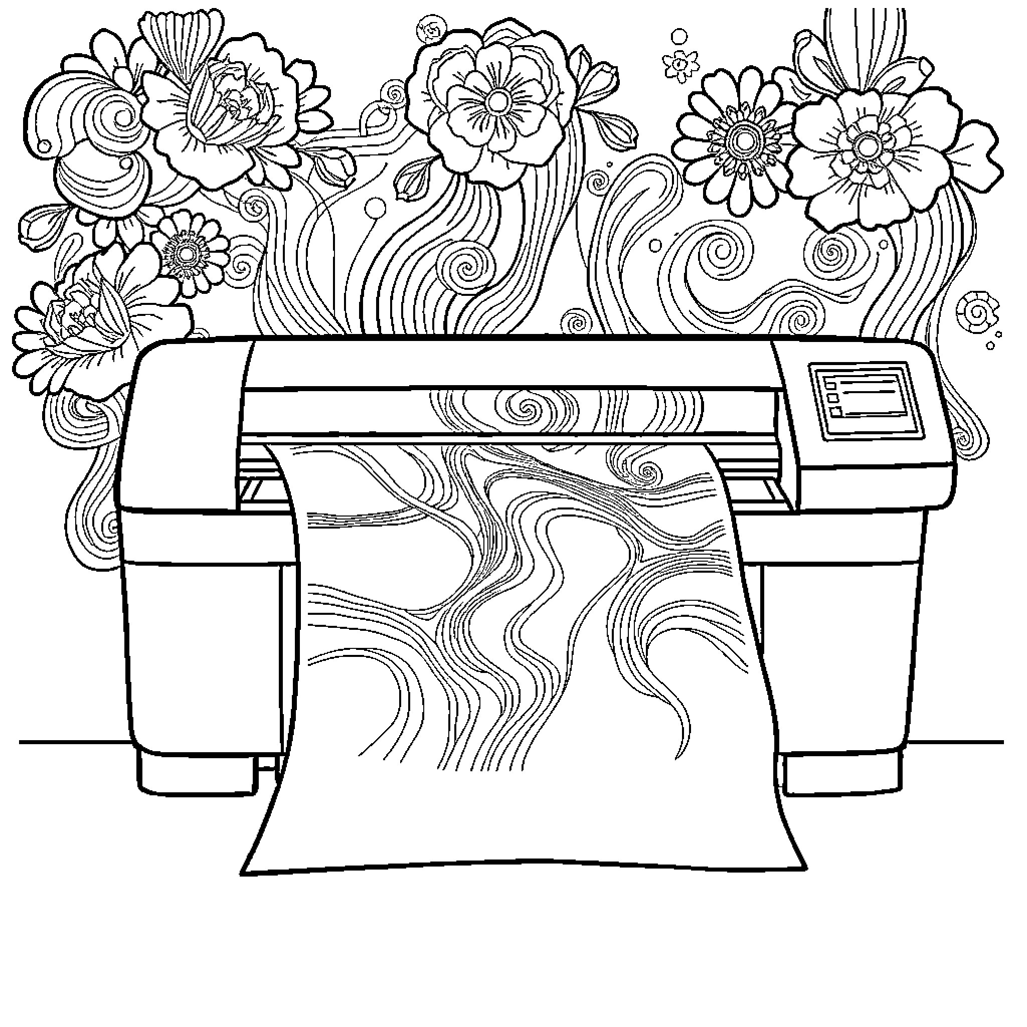 Print artistic floral printing machine Coloring Page (free black-and-white line drawing printable PDF for all, from beginners to advanced learners, including children, teens, adults, and seniors)