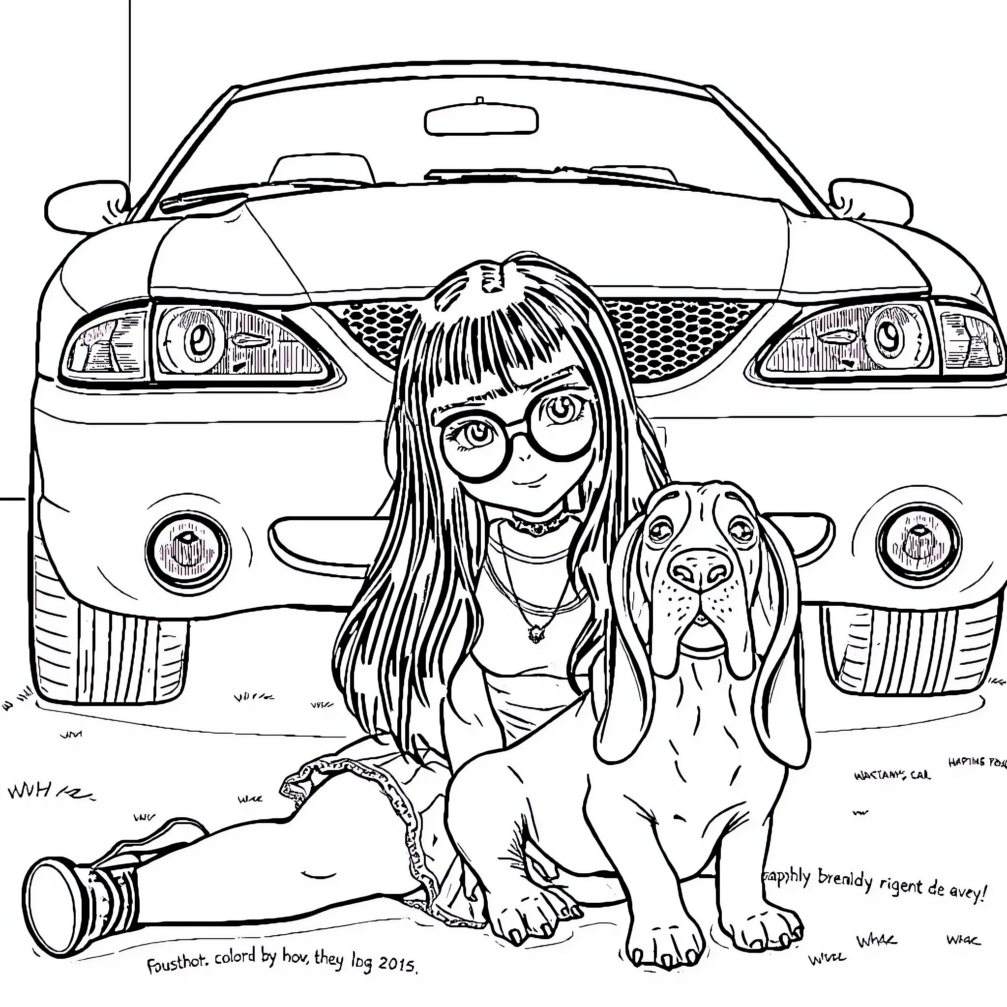 Girl with dog enjoying car ride Coloring Page (free black-and-white line drawing printable PDF for all, from beginners to advanced learners, including children, teens, adults, and seniors)