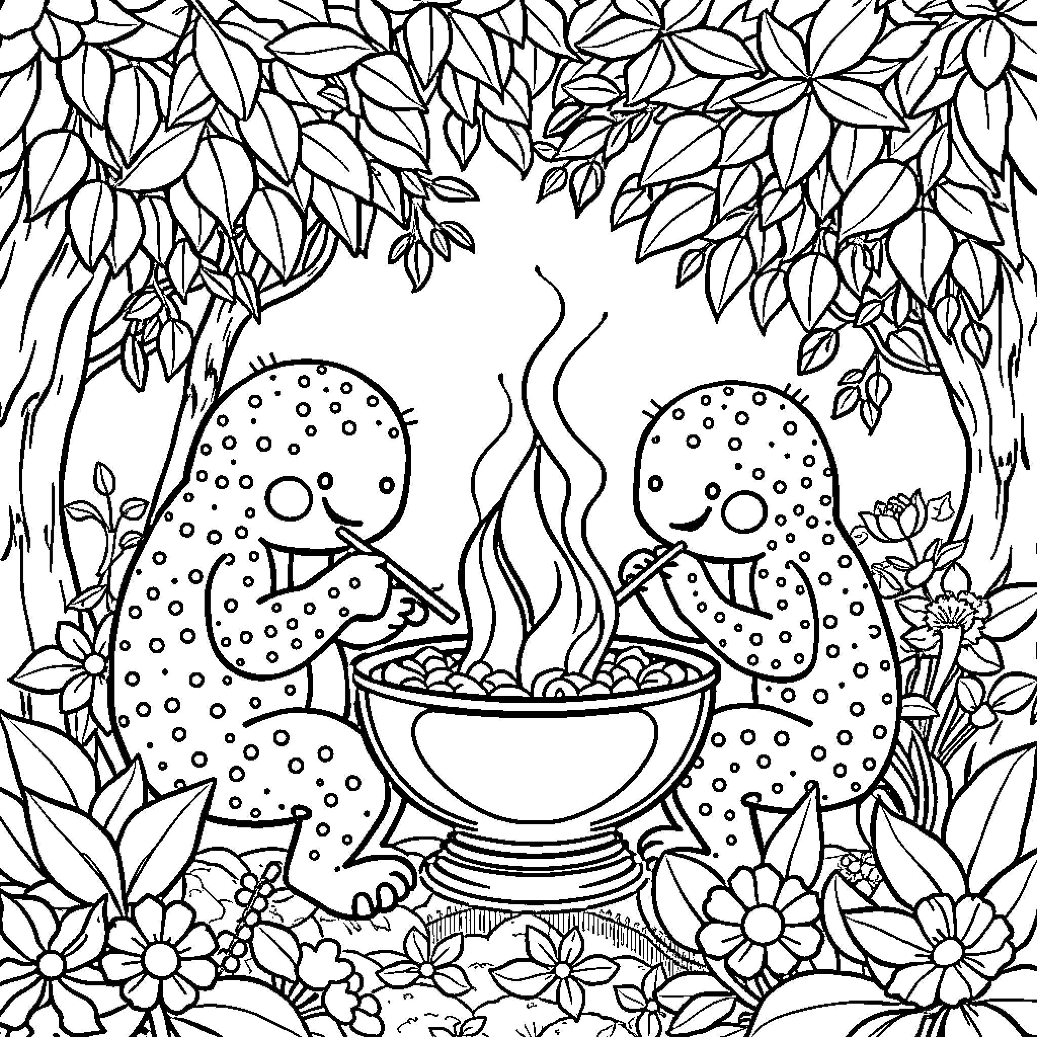 Mushroom creatures enjoying a hot pot in the forest Coloring Page (free black-and-white line drawing printable PDF for all, from beginners to advanced learners, including children, teens, adults, and seniors)