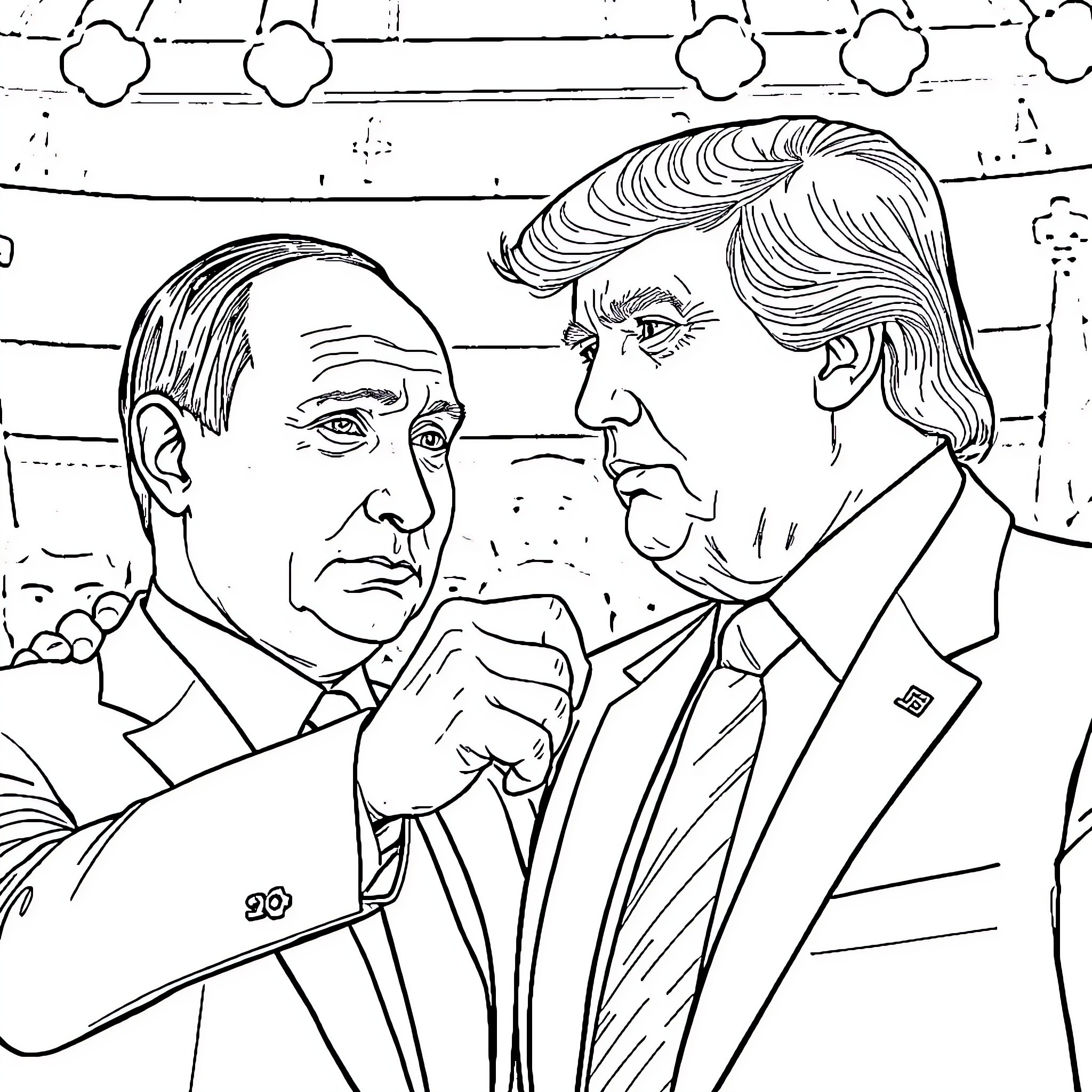Putin and Trump in Animated Confrontation Coloring Page (free black-and-white line drawing printable PDF for all, from beginners to advanced learners, including children, teens, adults, and seniors)