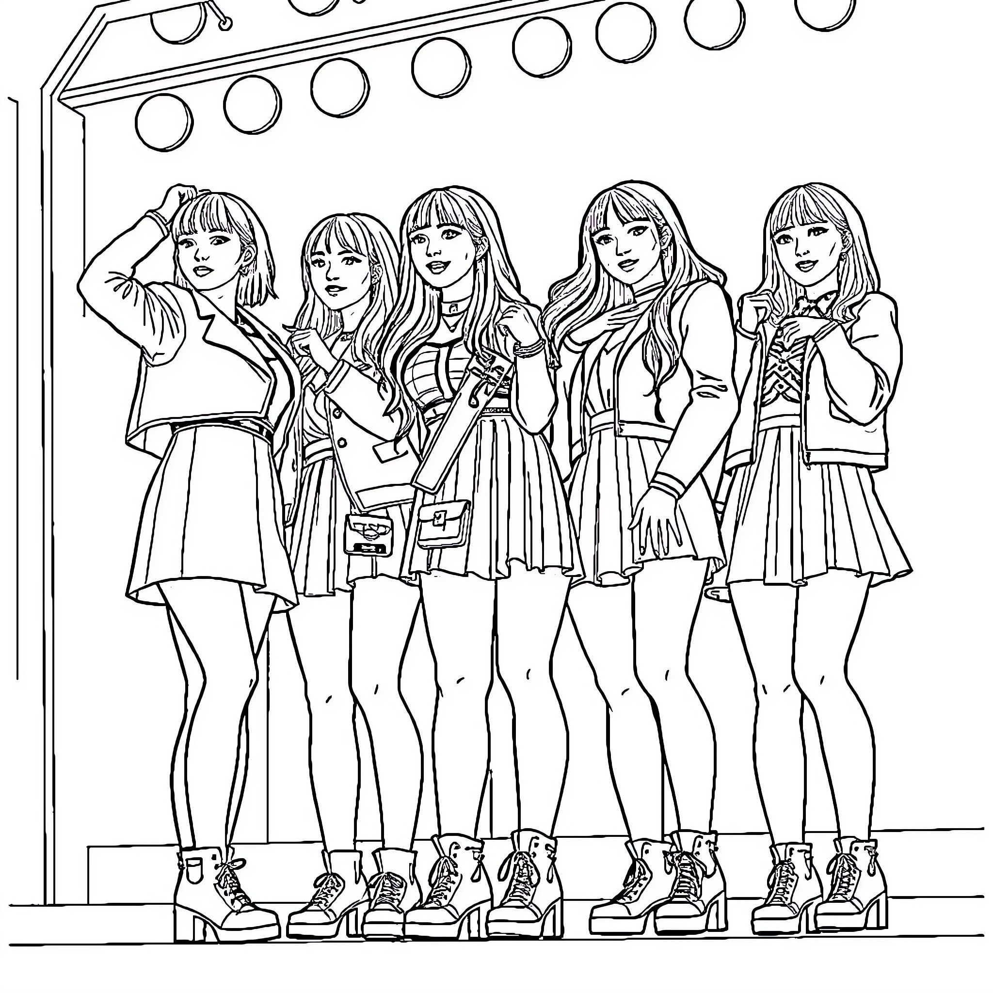 K-pop Girl Group Performing on Stage Coloring Page (free black-and-white line drawing printable PDF for all, from beginners to advanced learners, including children, teens, adults, and seniors)